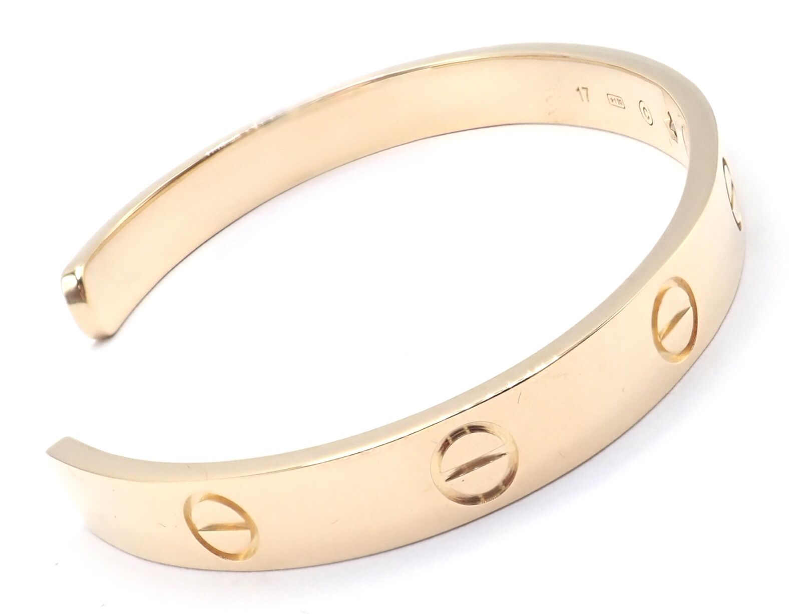 Authentic Cartier 18K Yellow Gold Diamond Love Cuff Open Bracelet - Size 17 - Luxury Jewelry for Women, Perfect for Anniversaries, Weddings & Special Occasions