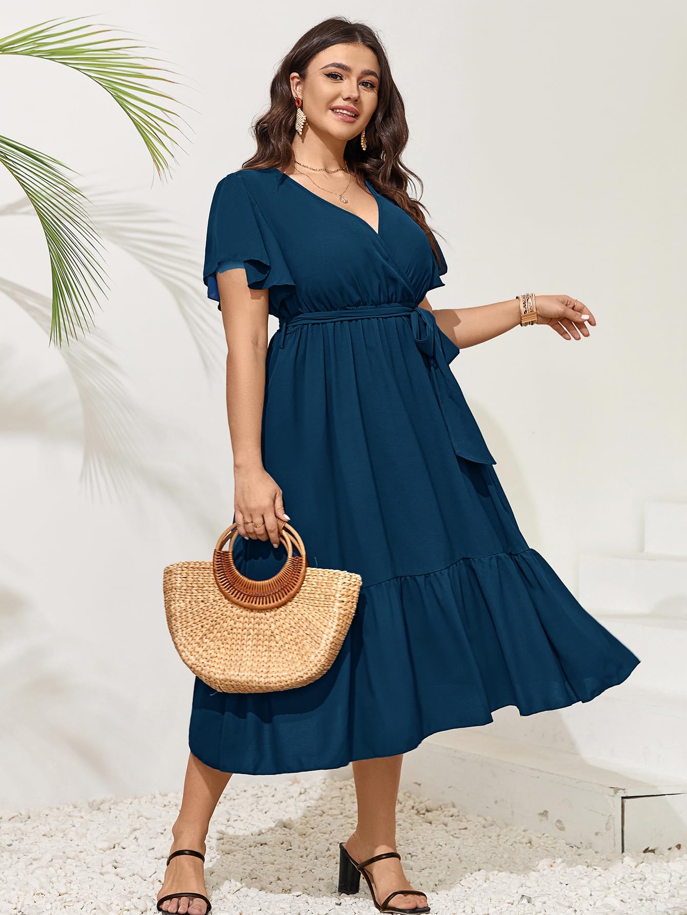 Elegant Plus Size Wedding Guest Dress for Women - Summer Wrap V-Neck Short Sleeve with Belt & Ruffle Hem A-Line Flowy Maxi Dress | Perfect for Weddings, Parties & Special Occasions