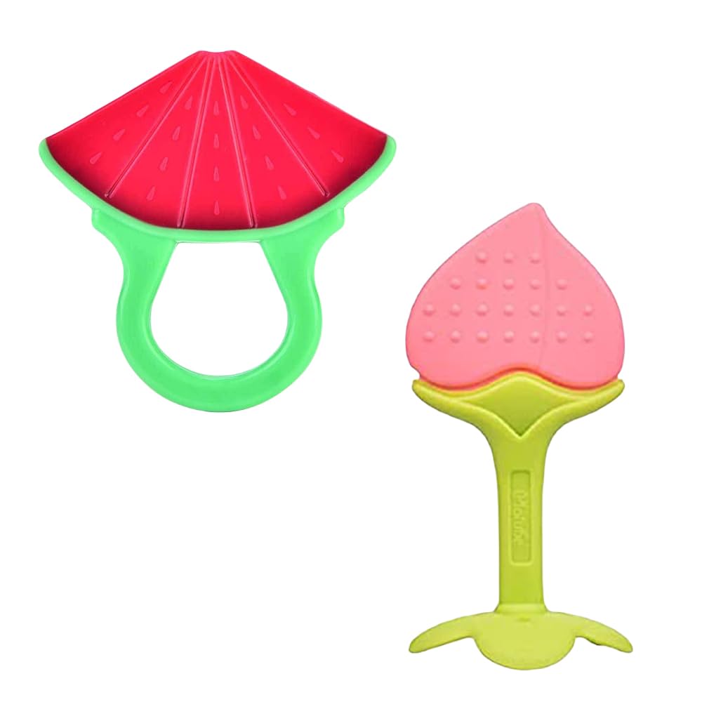 Kritiu Fruits Teether & Teether Combo - BPA-Free Silicone Baby Teething Toy for 0-12 Months | Soft & Safe Infant Gum Massager | Red Watermelon & Peach Design | Perfect for Soothing Sore Gums at Home or On-the-Go