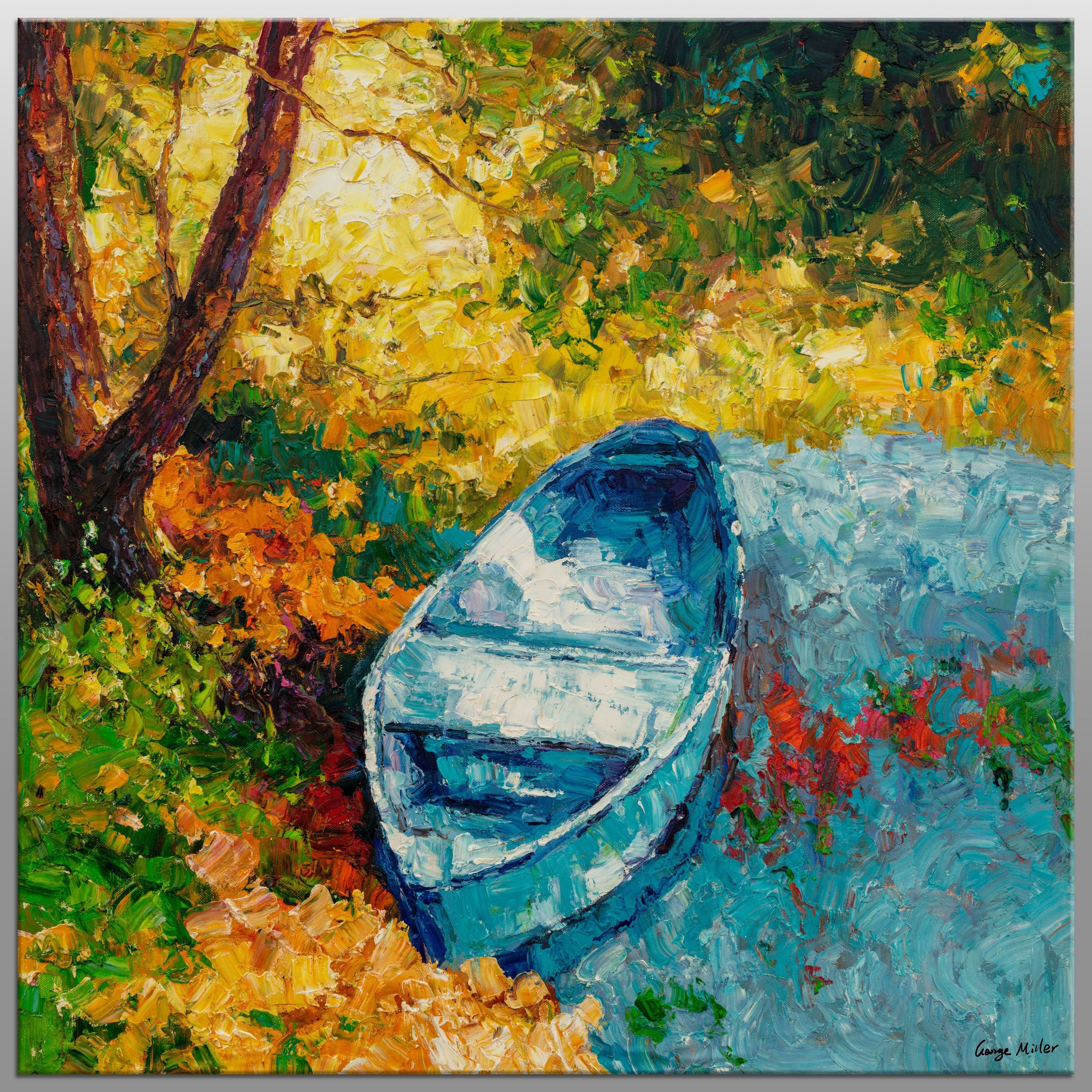 Handmade Oil Painting of Fishing Boat - Small Canvas Art, Contemporary Landscape Wall Decor for Living Room, Bedroom, or Office - Spring Scenery Metal Wall Art