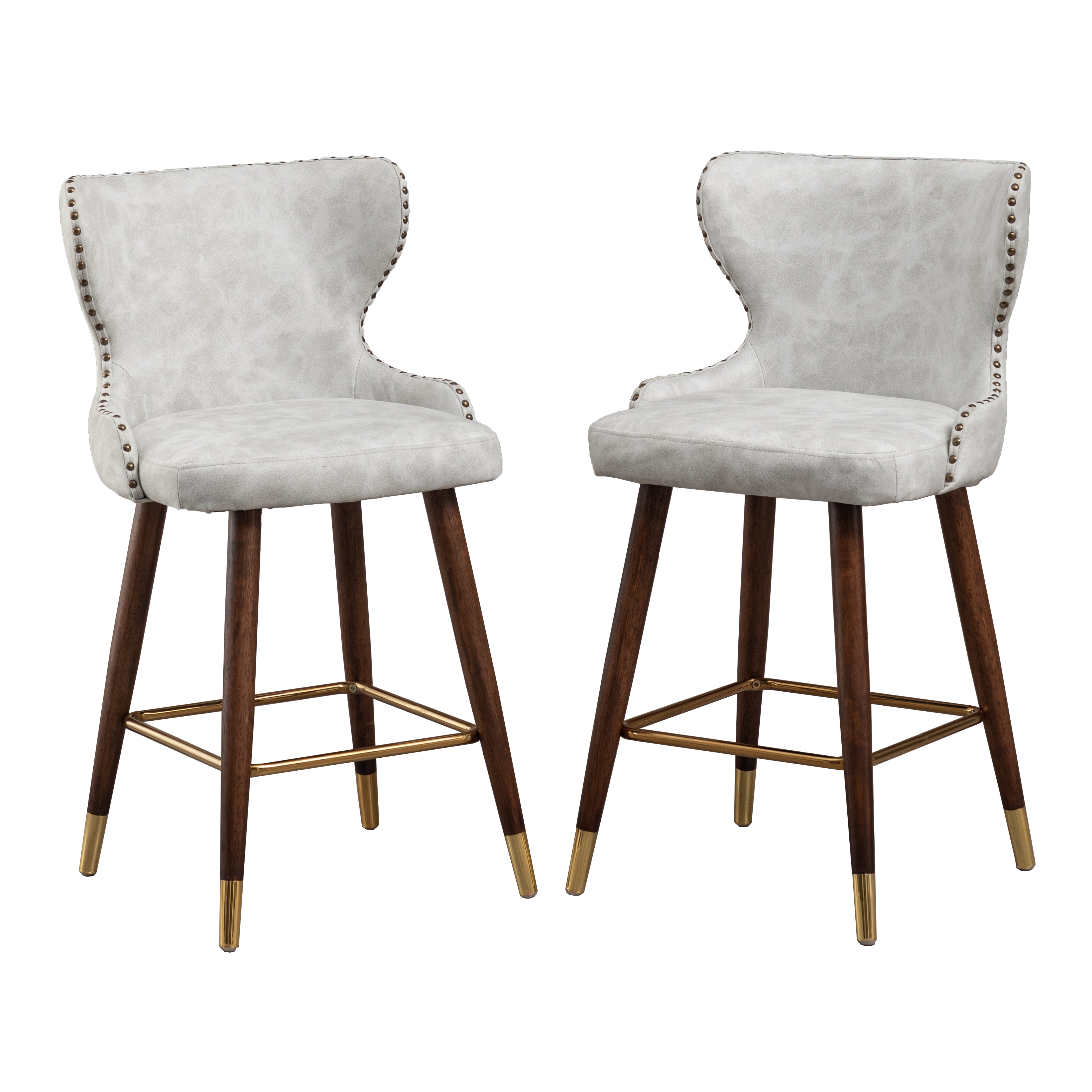 Roundhill Furniture Nevis Mid-Century Modern Faux Leather Tufted Nailhead Trim Counter Stools - Set of 2, White - Perfect for Kitchen Islands, Breakfast Bars & Home Decor