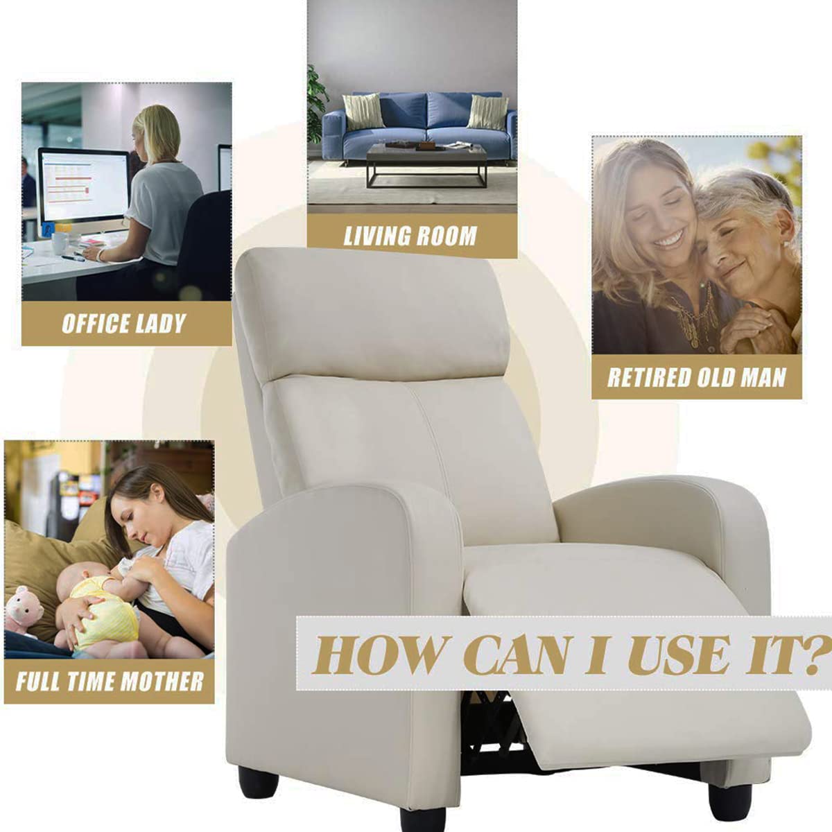 Premium PU Leather Recliner Chair for Living Room - Modern Single Sofa with Padded Seat & Backrest - Perfect for Home Theater, Gaming, Reading & Relaxation - Beige Reclining Couch for Adults (Space Saving Design)