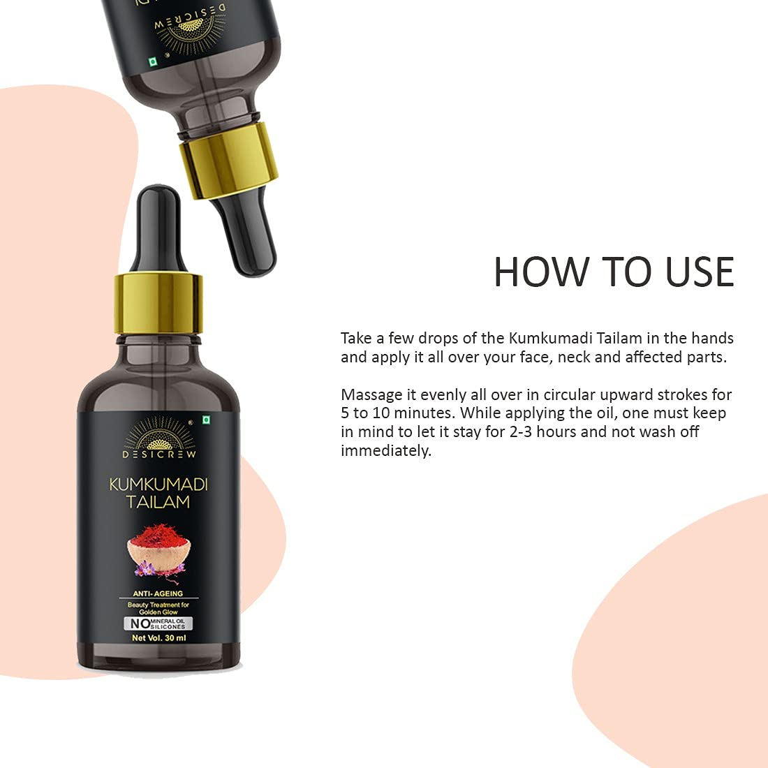 DesiCrew Kumkumadi Tailam Face Oil - Ayurvedic Facial Oil for Glowing, Spotless, Anti-Aging & Radiant Skin - Golden Glow Formula - 60ml (Pack of 2) - Perfect for Nighttime Skincare Routine & Daily Anti-Wrinkle Treatment