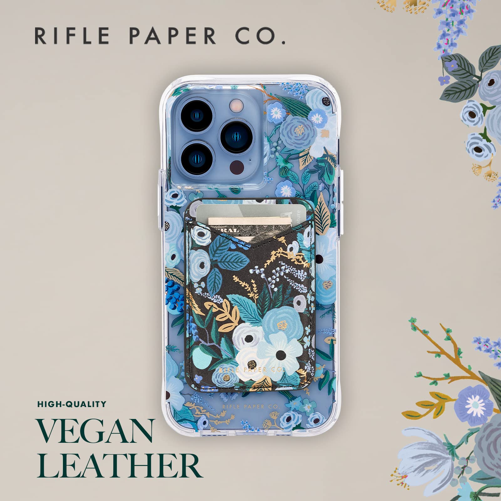 Rifle Paper Co. Magnetic Wallet for iPhone 16 Pro Max/15 Pro/14/13 - Vegan Leather MagSafe Card Holder (Holds 3 Cards) | Slim Detachable Phone Wallet | Garden Party Blue | Perfect for Everyday Use, Travel & Contactless Payments