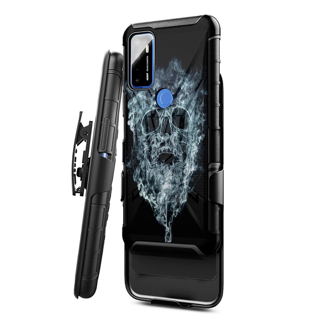 **Military Shockproof Phone Case for Cricket Dream 5G & AT&T Radiant Max 5G – Heavy Duty Kickstand Belt Clip Holster Cover (Smoke Skull) – Perfect for Outdoor, Work & Travel Protection**