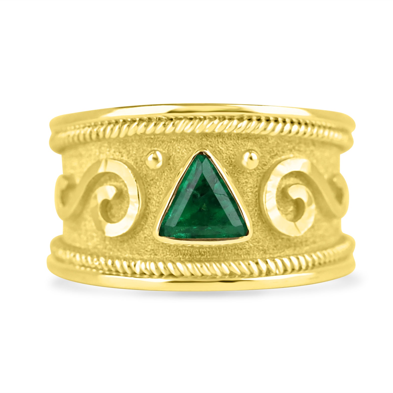 18K Gold Byzantine Trillion Cut Emerald Solitaire Ring - Size 6 - Elegant Wedding, Engagement & Anniversary Jewelry Gift for Women