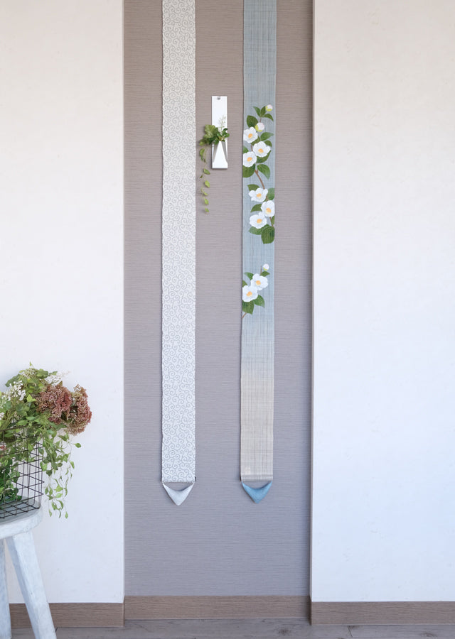 Hand-Dyed Linen Japanese Narrow Tapestry - Silver Arabesque Kyoto Noren Wall Hanging Scroll | Traditional Japanese Home Decor for Doorways, Windows & Room Dividers