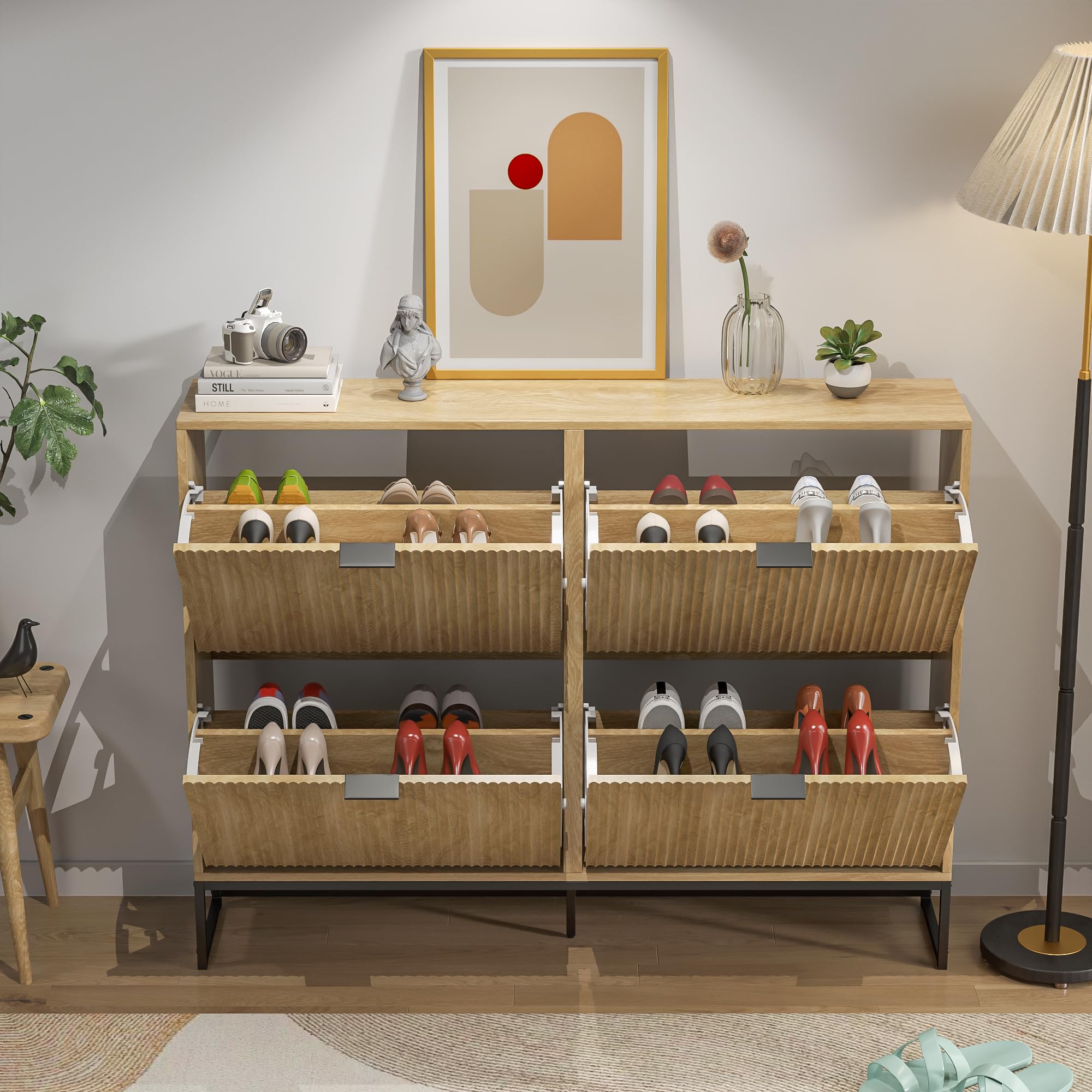 Modern Slim Shoe Cabinet with 4 Flip Drawers - Freestanding Wooden Entryway Shoe Storage Organizer, Narrow Fluted Design for Living Room, Hallway & Small Spaces - Perfect for Organizing Shoes, Hats & Accessories