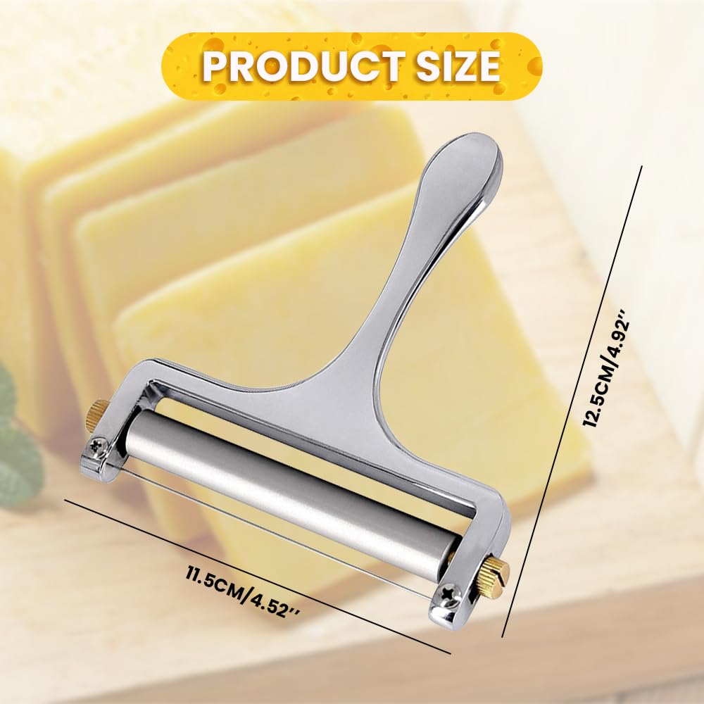 2025 Adjustable Stainless Steel Cheese Slicer with 4 Steel Wires - Perfect for Cheddar, Gruyere, Raclette & Mozzarella Blocks - Ergonomic Handheld Cheese Cutter for Kitchen, Party Platters & Charcuterie Boards