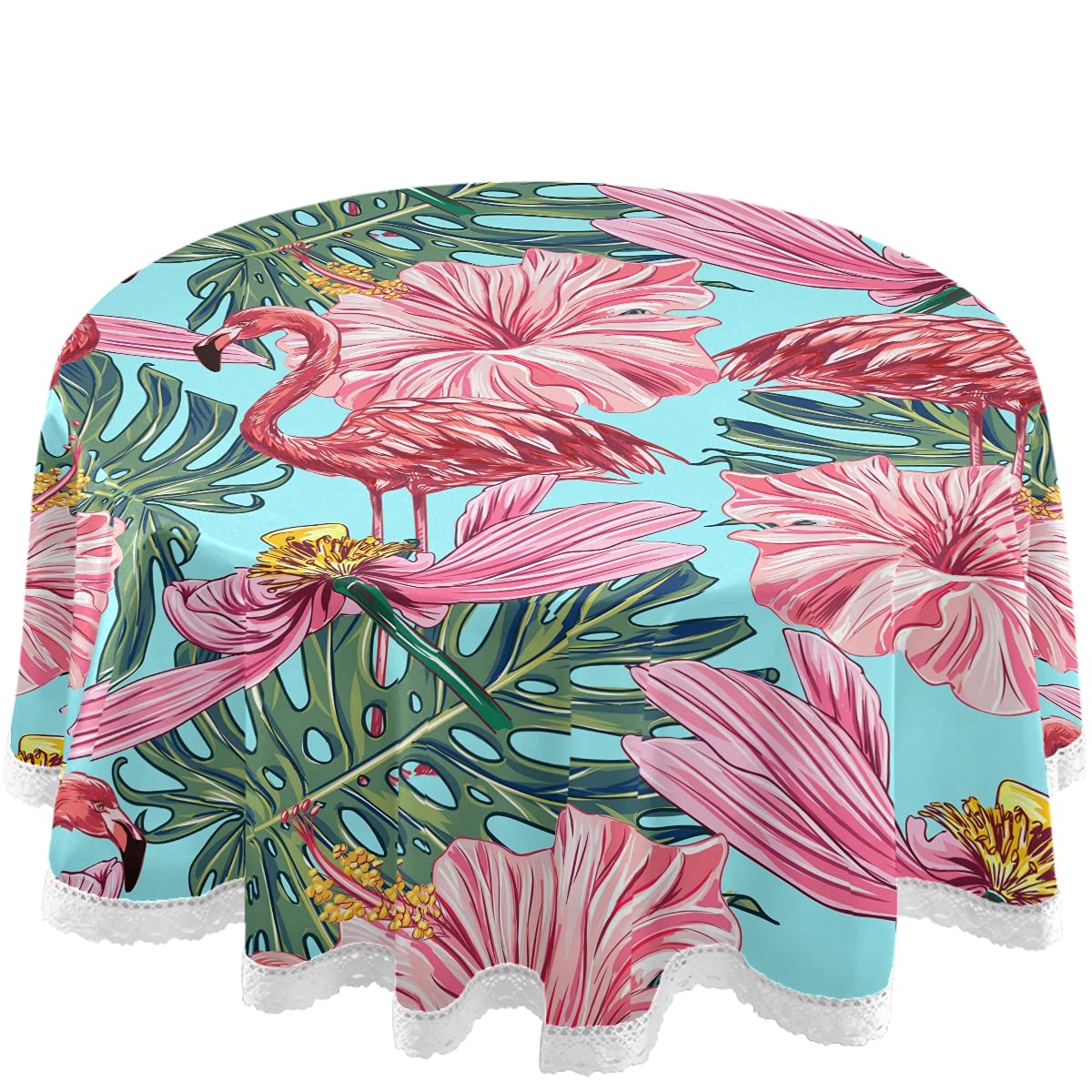 60 Inch Round Waterproof Tablecloth - Pink Flamingo & Tropical Flowers on Blue Background | Durable Outdoor Table Cover for Wedding, Party, Dining Room & Patio Decor