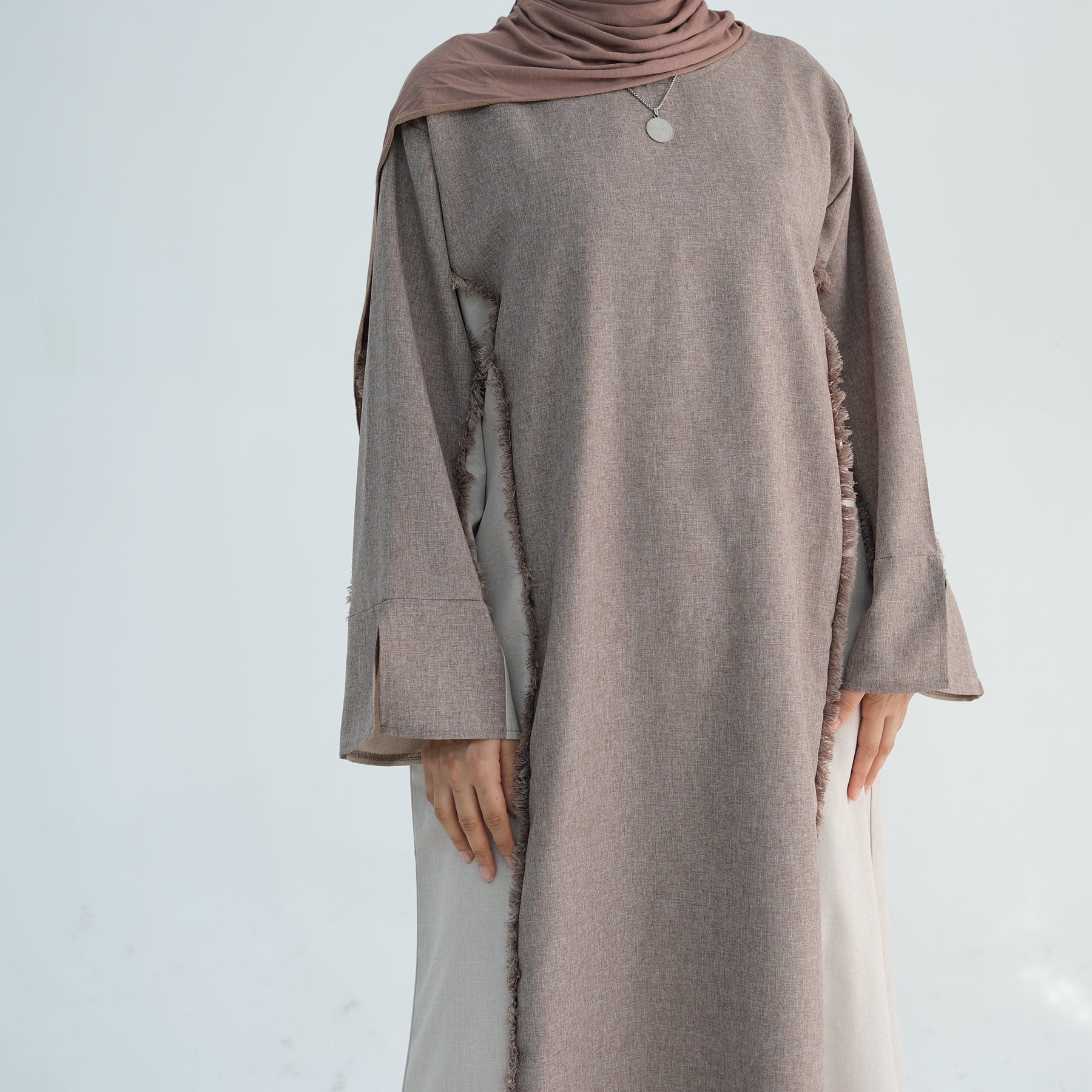 Blair Fringe Abaya Dress in Taupe - Elegant Islamic Modest Dress for Women, Perfect for Prayer, Eid, and Special Occasions
