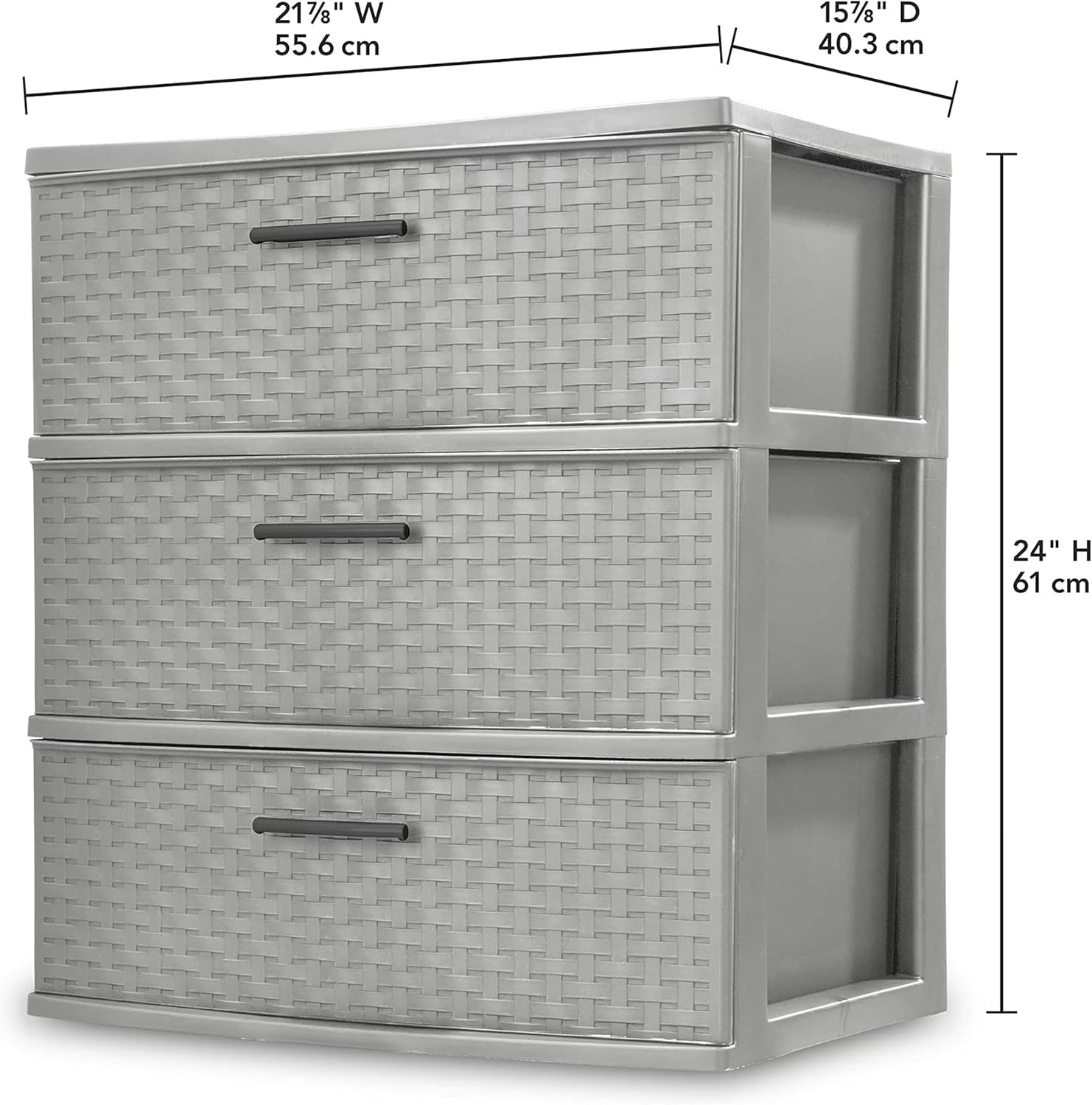 3-Drawer Wide Plastic Weave Storage Tower with Pull Handles - Decorative Organizer for Bedroom, Closet & Office - Space-Saving Cement Design (1-Pack) - Perfect for Small Spaces, Dorm Rooms & Home Organization