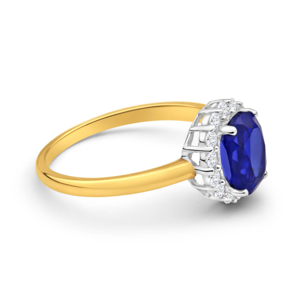 9ct Yellow Gold 8x6mm Oval Created Sapphire & Cubic Zirconia Halo Ring for Women | Elegant Engagement, Wedding, Anniversary Gift | Perfect for Bridal Jewelry & Special Occasions
