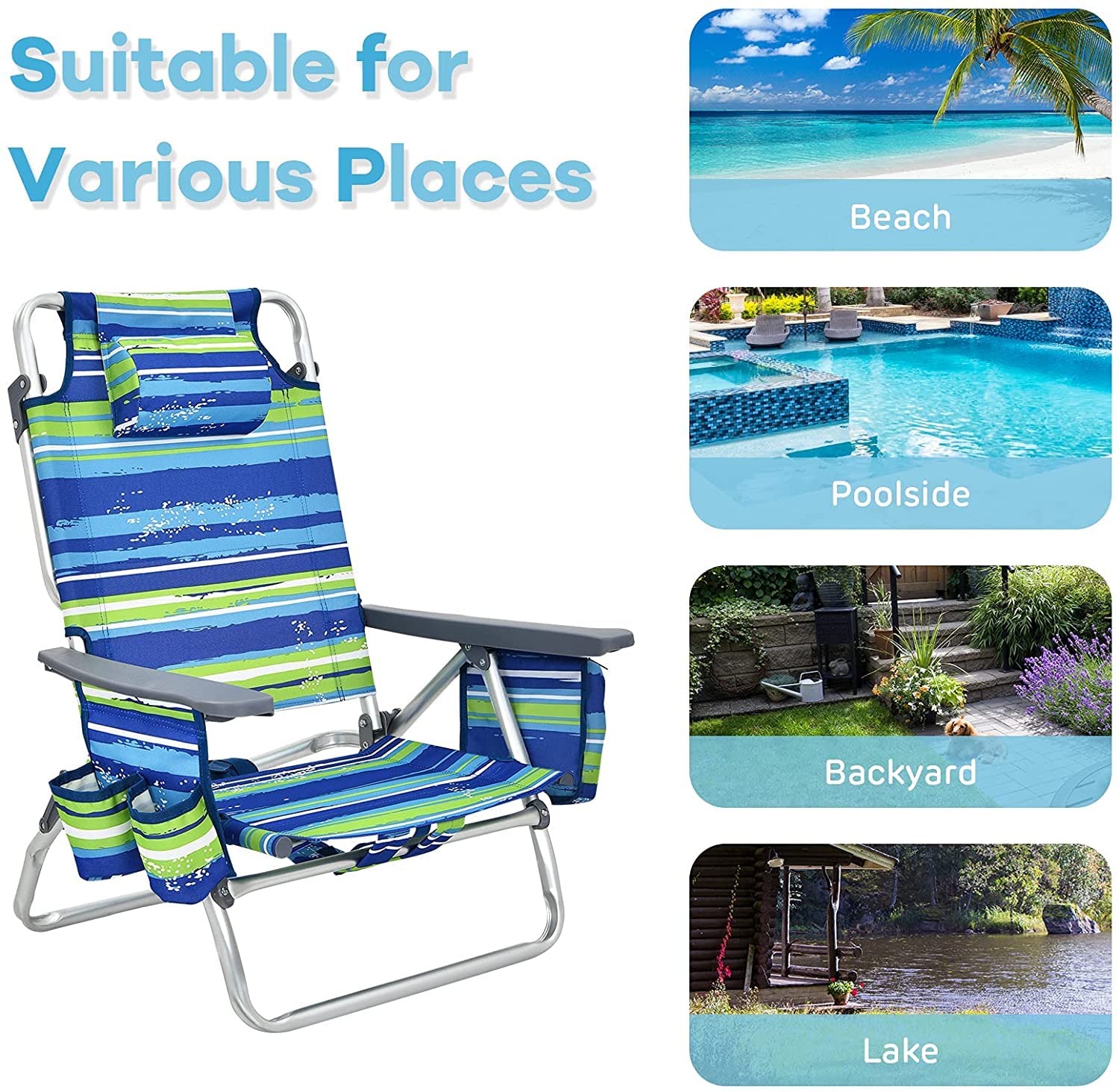 Goplus Folding Beach Chair for Adults - 5 Position Adjustable with Head Pillow, Cooler Bag, Towel Bar & Cup Holders - Portable Backpack Design for Sunbathing, Tanning, Camping & Outdoor Relaxation