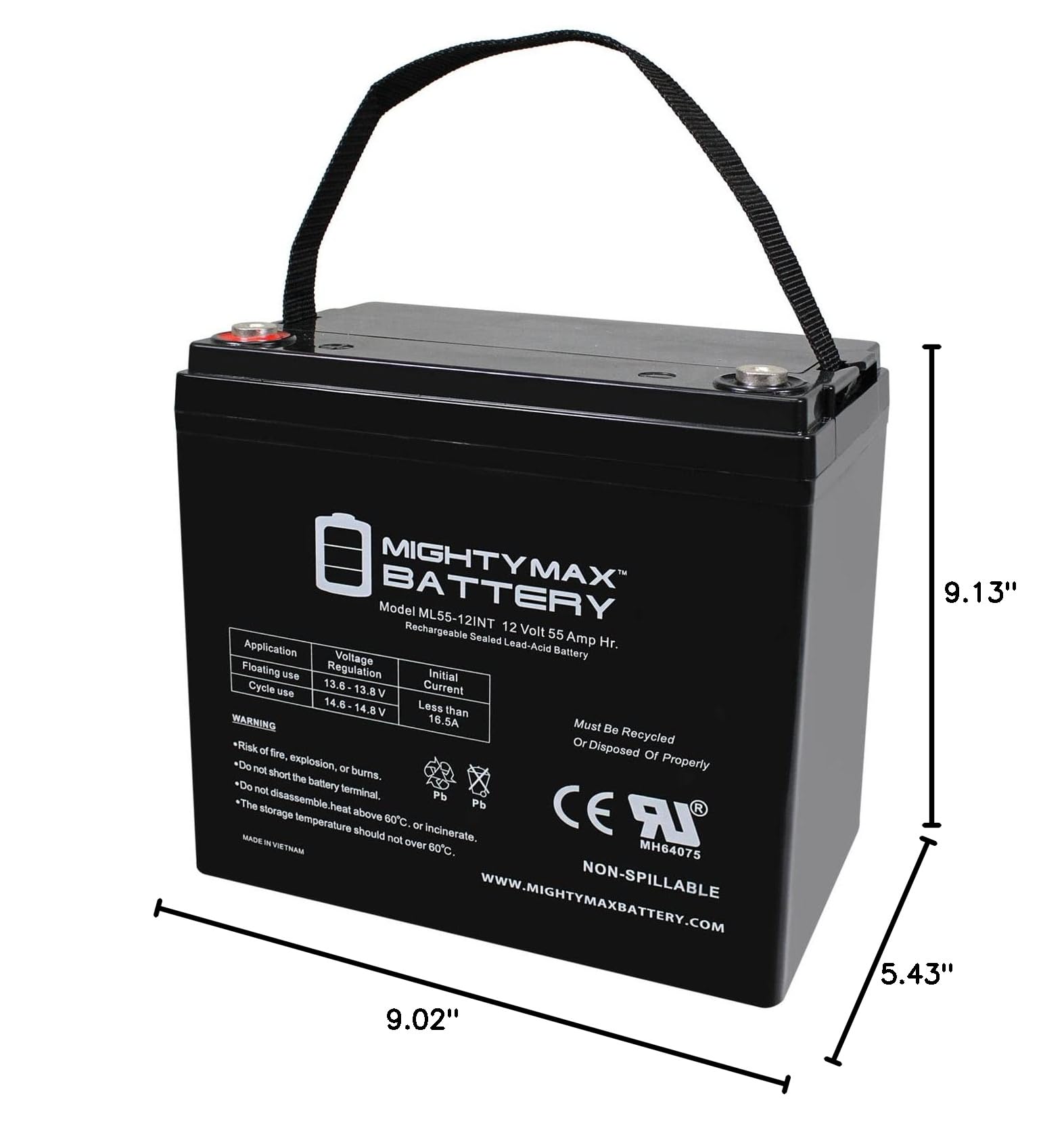 Mighty Max 12V 55AH AGM Deep Cycle Battery with Internal Thread - Replacement for Interstate DCM0055 - Perfect for Marine, RV, Solar Power & Backup Systems
