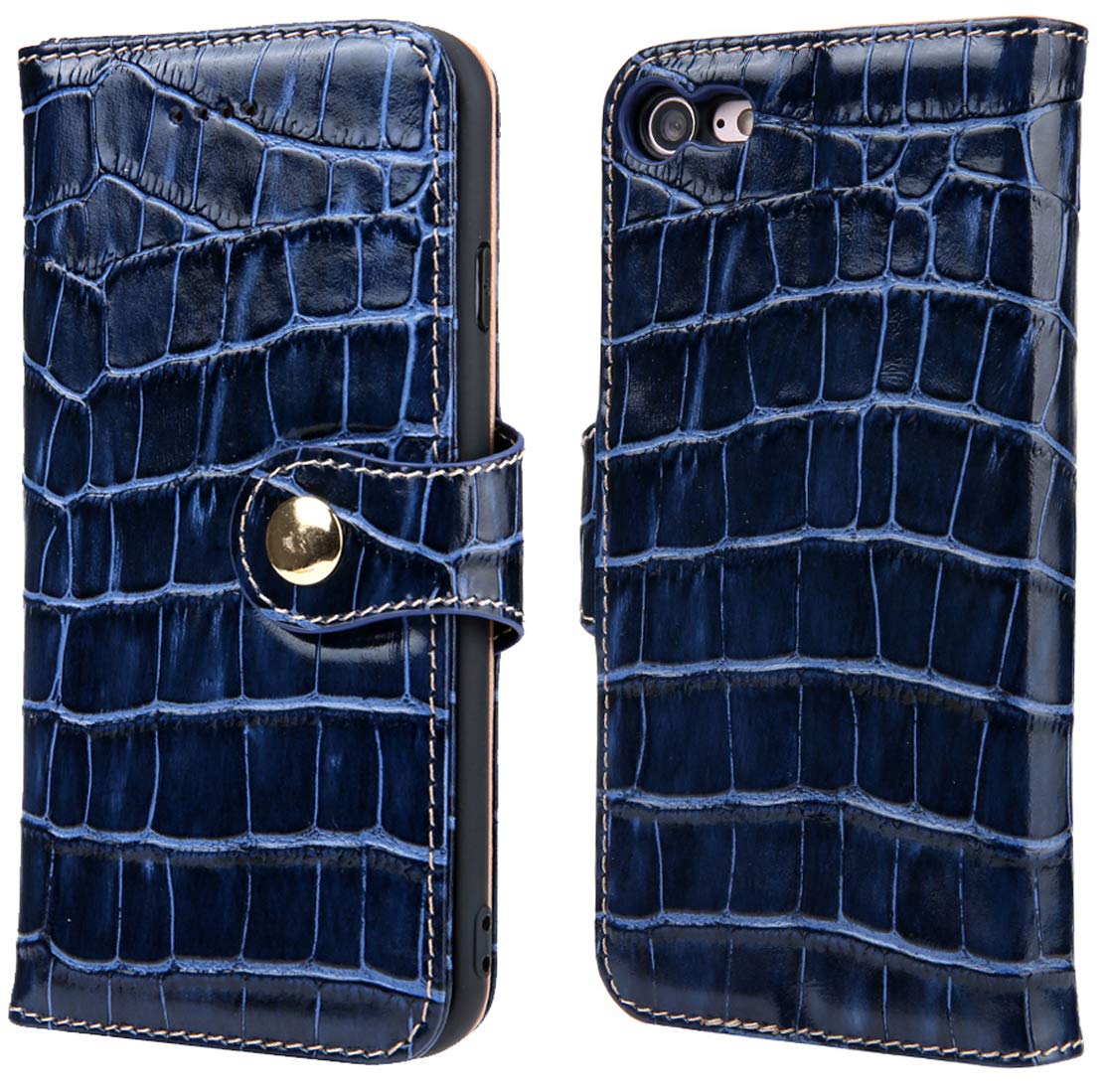 Premium Genuine Leather Wallet Case for iPhone 7/8 - RFID Blocking Folio with Card Slots, Cash Pocket & Kickstand | Slim Protective Cover for Everyday Use, Travel & Business (Blue)
