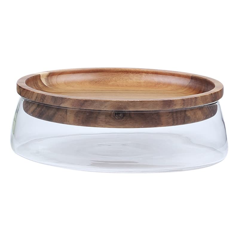 Glass Fruit Bowl with Wooden Basket - 2-Tier Storage Container for Dried Fruits, Nuts, Candy & Snacks | Perfect for Kitchen Counter, Dining Table & Party Serving Tray