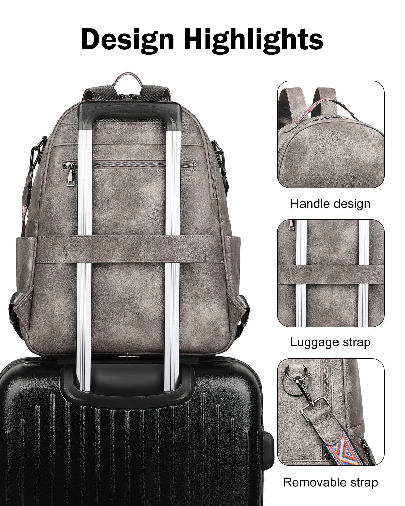 FADEON Leather Laptop Backpack for Women - Stylish PU Travel Bag with Laptop Compartment for Work & Commuting