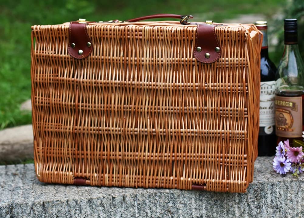 Handmade Willow Picnic Basket Set for 2 - Woven Wicker Camping & Outdoor Picnic Basket with Lid - Perfect for Beach, Park, Romantic Dates and Picnic Parties