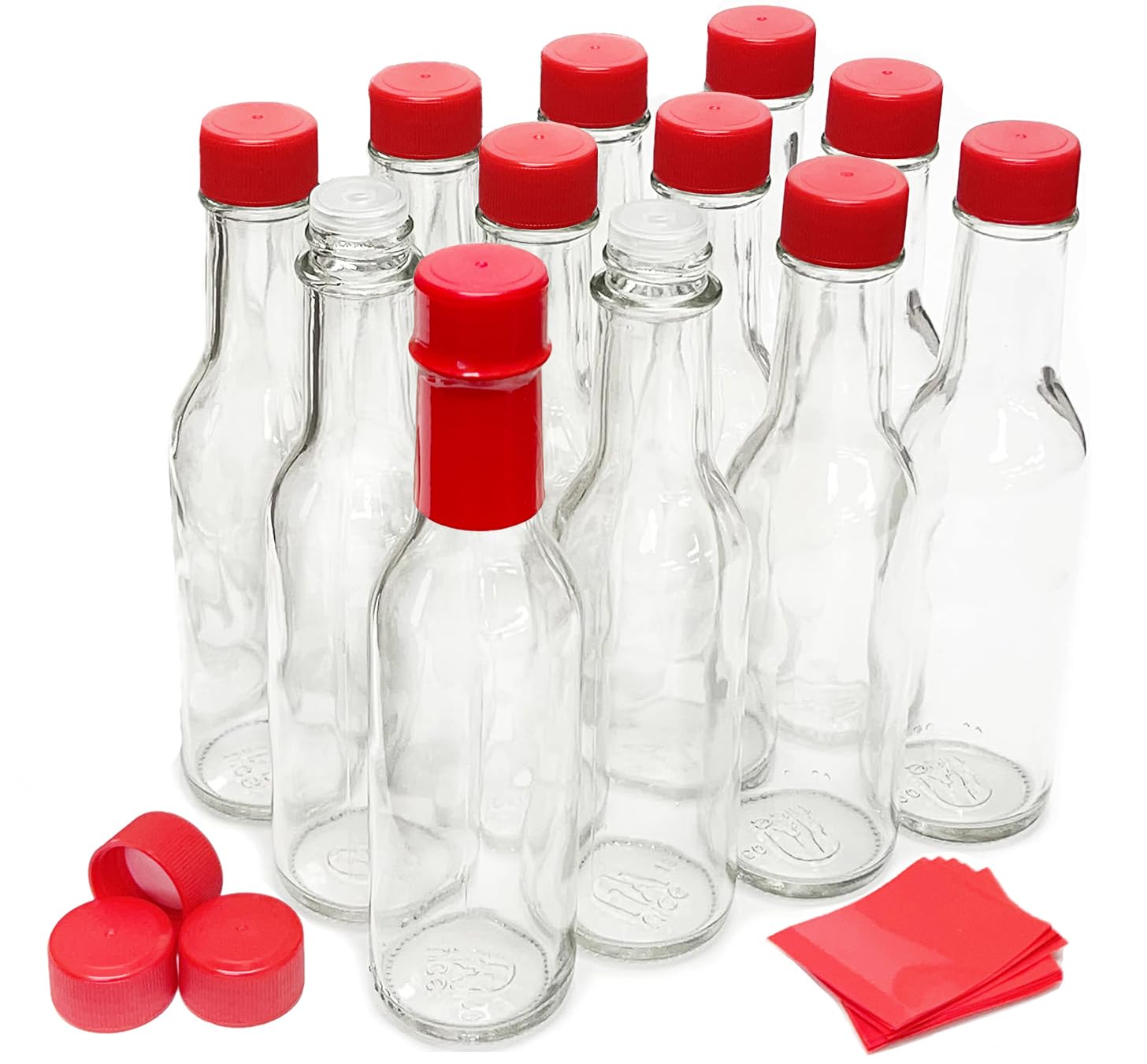 Hot Sauce Bottles with Red Caps & Shrink Bands - 5 Oz Glass Bottles (Pack of 12) - Perfect for Homemade Hot Sauce, BBQ Sauces & Craft Beverages