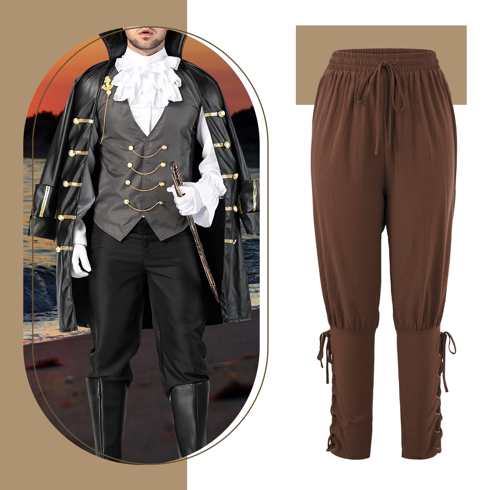 Men's Pirate Pants - Medieval Viking Navigator Cosplay Costume with Drawstrings & Ankle Bands | Renaissance Festival, Halloween Party & LARP Outfit