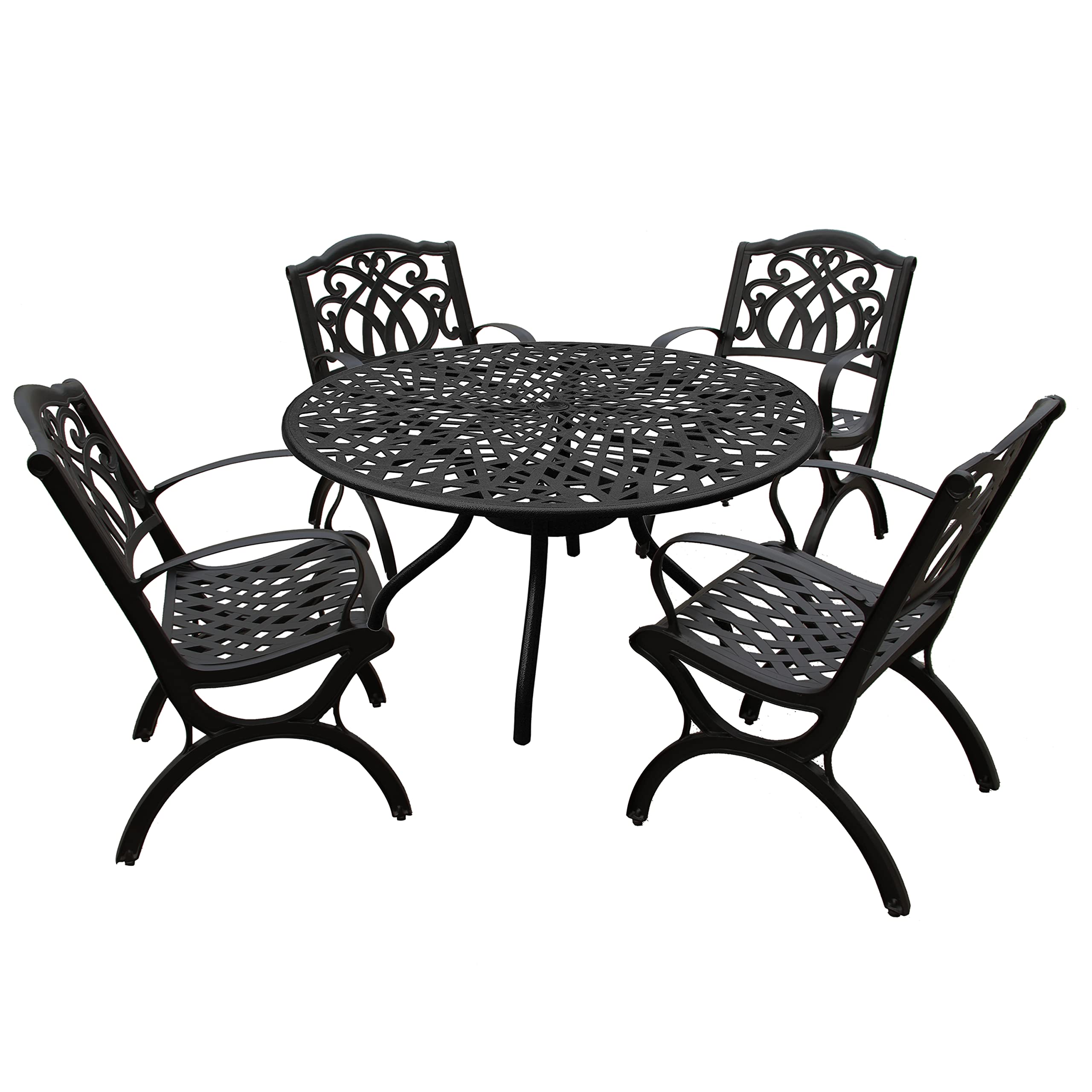 Oakland Living Modern Ornate Outdoor Mesh Aluminum 48-inch Black Round Patio Dining Set with 4 Chairs - Perfect for Backyard, Garden, and Poolside Gatherings