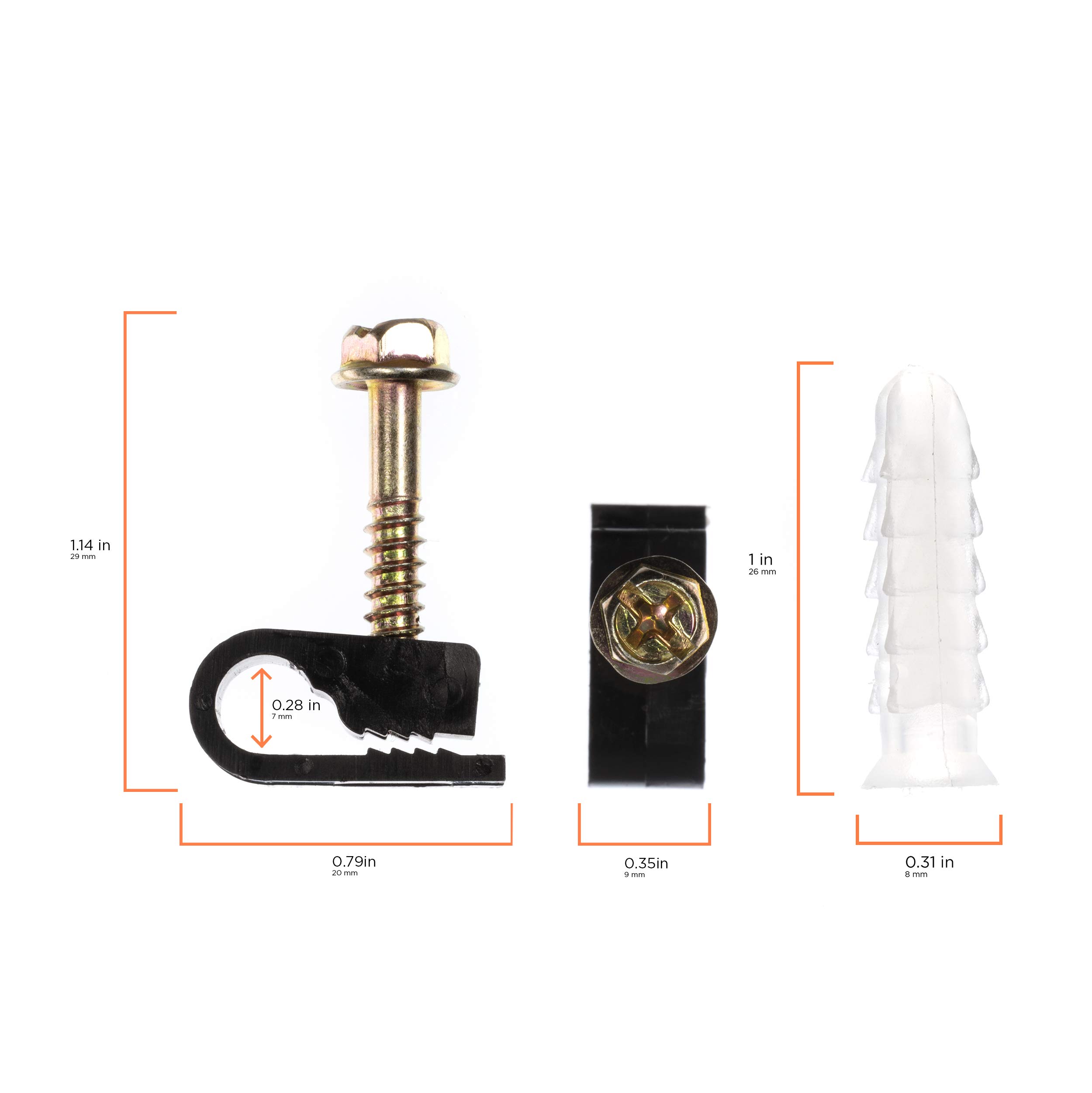 THE CIMPLE CO Ribbed Plastic Conical Anchors & Black Cable Screw Clips Kit - 100 Anchors & 100 Screw Clips for Concrete, Stucco, Brick, Drywall - Perfect for Cable Management, Hanging Decor & DIY Projects