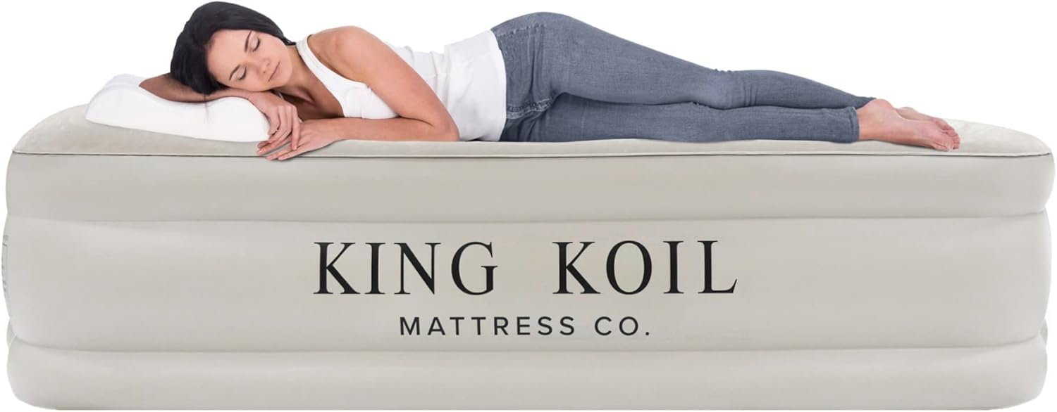 King Koil Luxury Twin Air Mattress with Built-in Pump - Double High Inflatable Airbed for Camping, Home & Guest Use | Waterproof, Fast Inflation, Portable Comfort for Indoor & Outdoor Sleeping