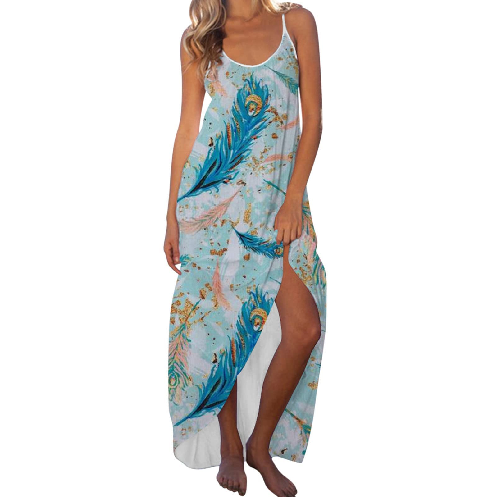 Usupdd Women's Floral Print Maxi Summer Dress 2022 - Sexy Spaghetti Strap Tank Dress with Slit, Flowy Boho Style | Perfect for Beach Vacations, Date Nights & Summer Parties