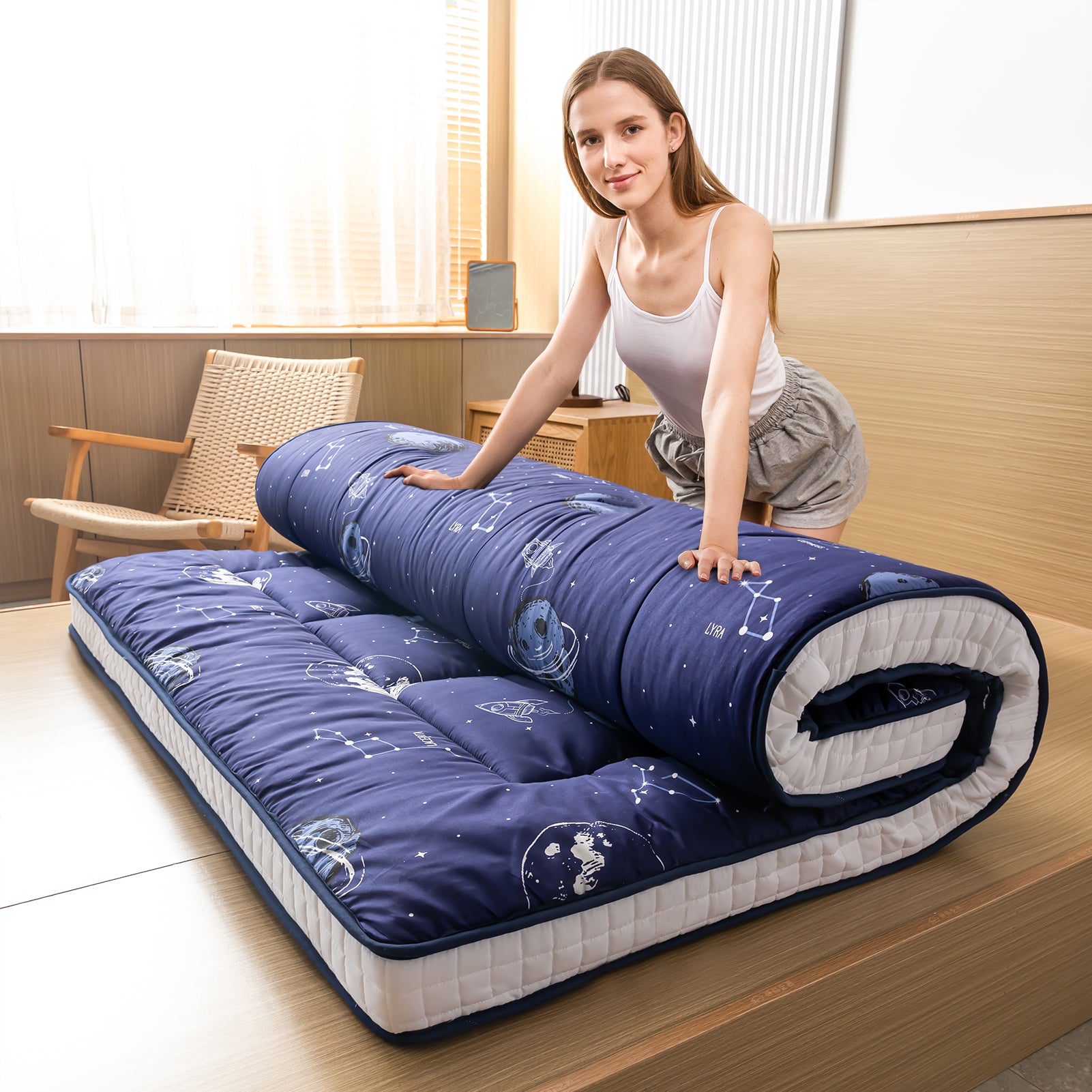 MAXYOYO Padded Japanese Floor Mattress - Navy Space Adventure Design | Foldable Futon for Bedroom, Guest Room & Camping | Comfortable Floor Sleeping Mat for Adults & Kids
