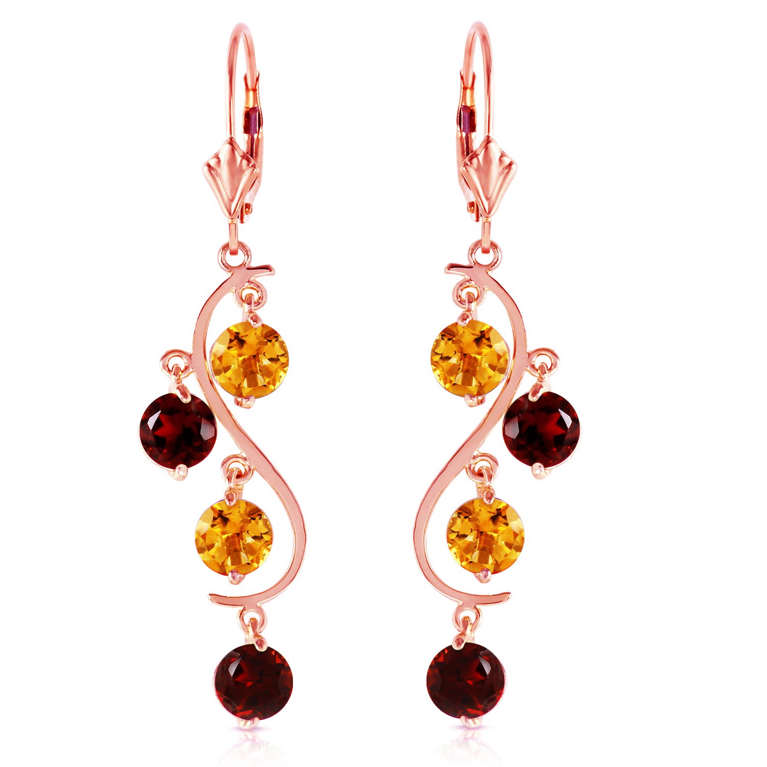 14K Rose Gold Chandelier Earrings with Garnet & Citrine Gemstones - Elegant Dangling Earrings for Women, Perfect for Weddings, Parties & Special Occasions