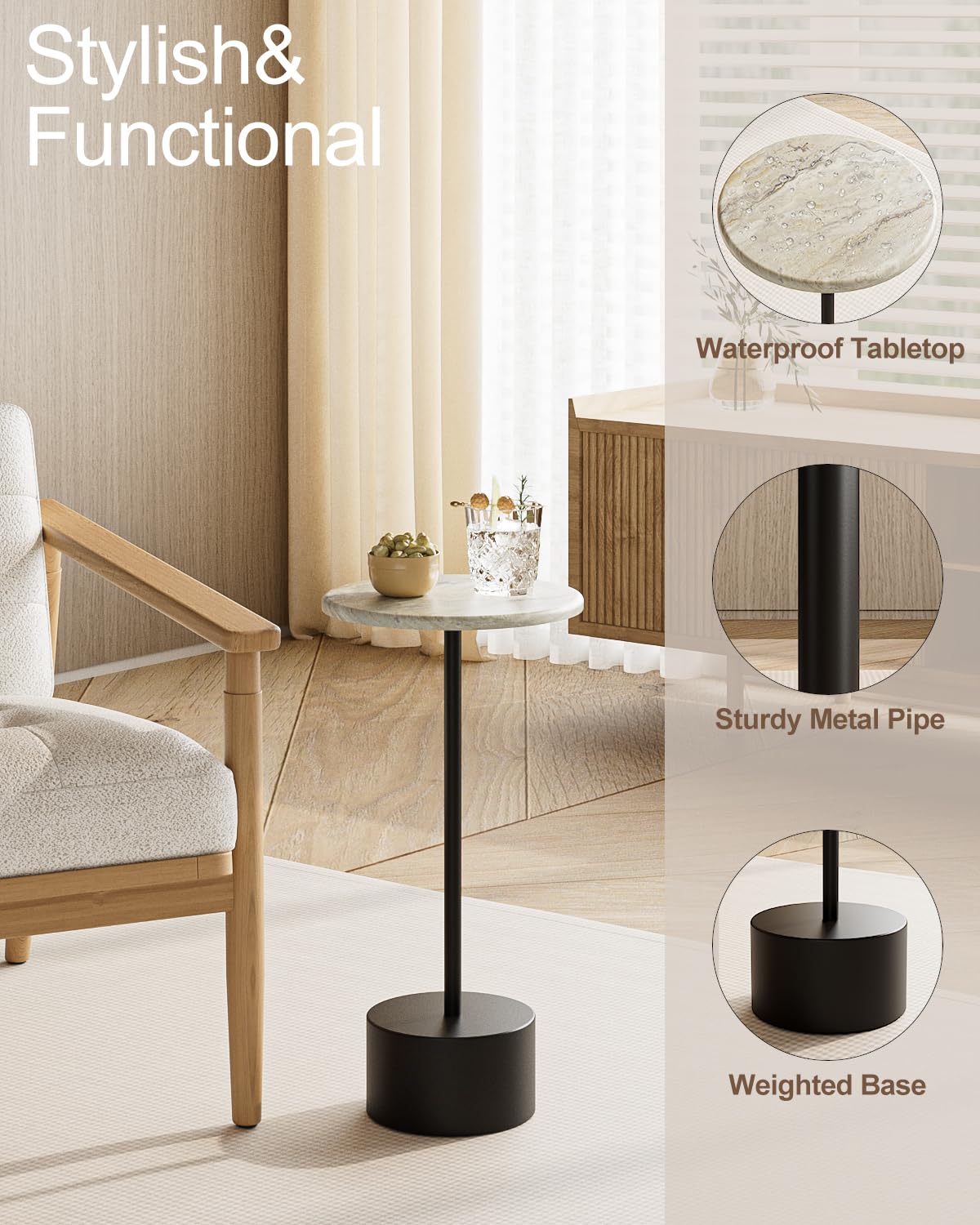 Black Round Pedestal Drink Table - Small Side Table for Living Room, Bedroom, or Patio - Perfect End Table for Small Spaces & Beverage Placement