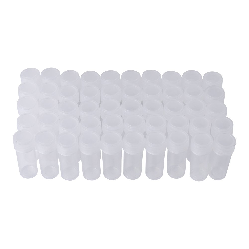 Yosoo 5ml Plastic Sample Bottles - 50 Pack Small Storage Vials for Liquids, Powders, Essential Oils, Perfume | Lab, DIY, Travel, Crafting, Beauty Samples