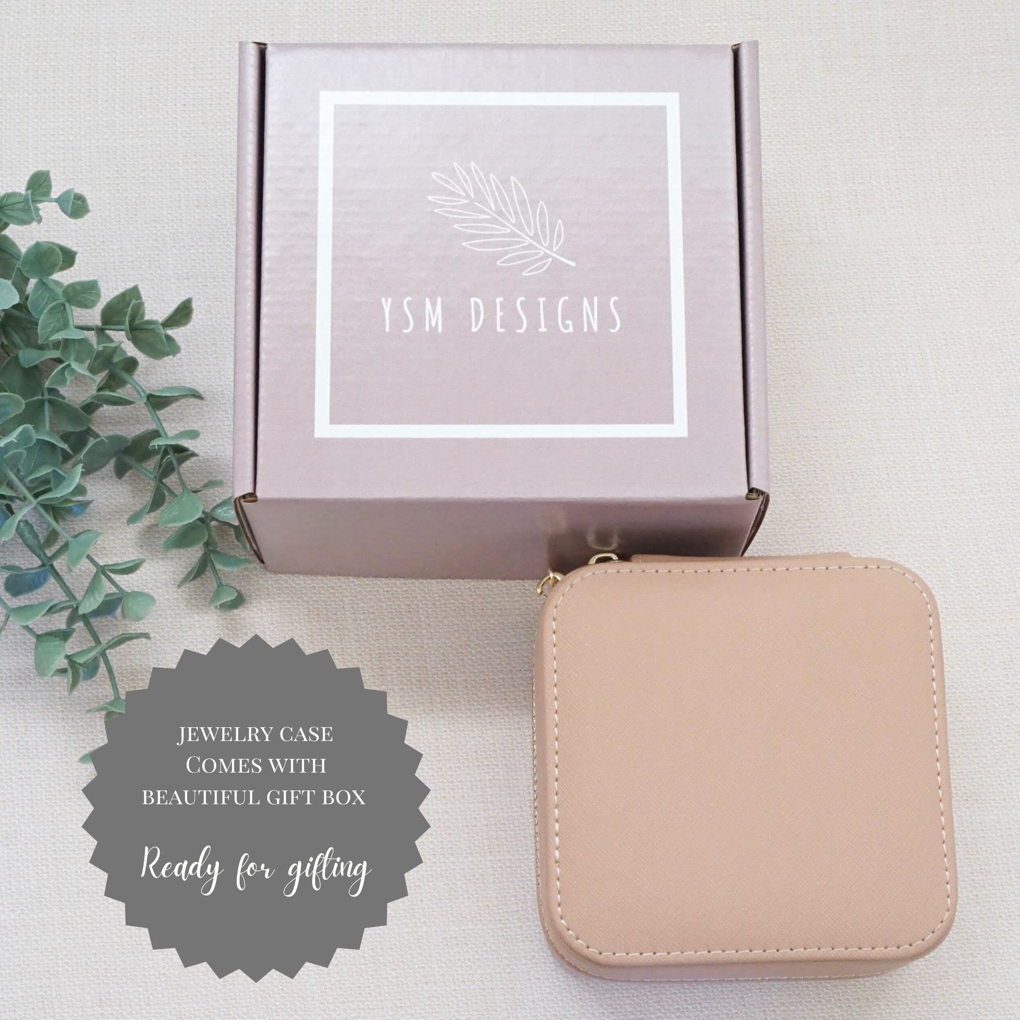 YSM Designs Travel Jewelry Organizer Box - Portable Jewelry Case for Women with Mirror | Compact Earring & Necklace Storage | Beige Jewelry Box for Travel, Vacation & Daily Use