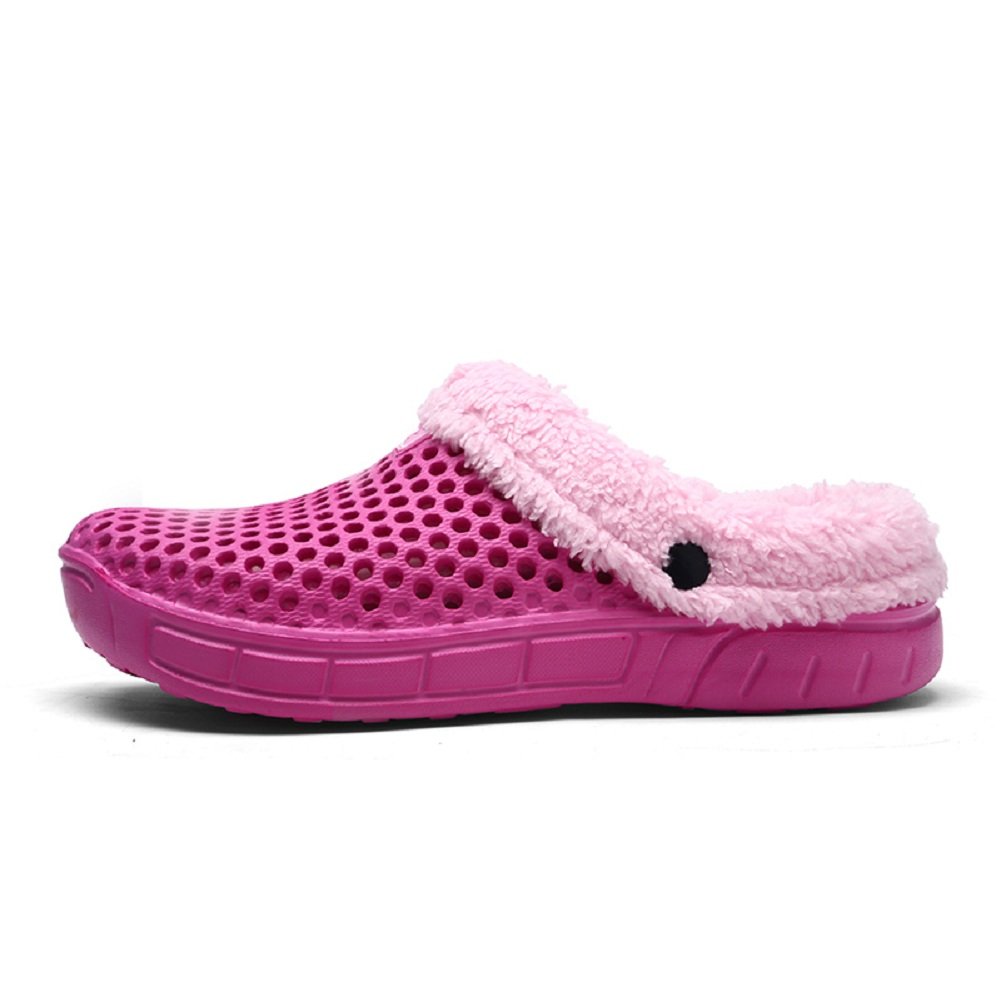 QISHENG Men's & Women's Fur-Lined Mules Clogs - Slip-On Garden Shoes, Warm Winter Slippers with Soft Fleece Lining | Indoor/Outdoor House Shoes for Comfort & Coziness (Rose Red)