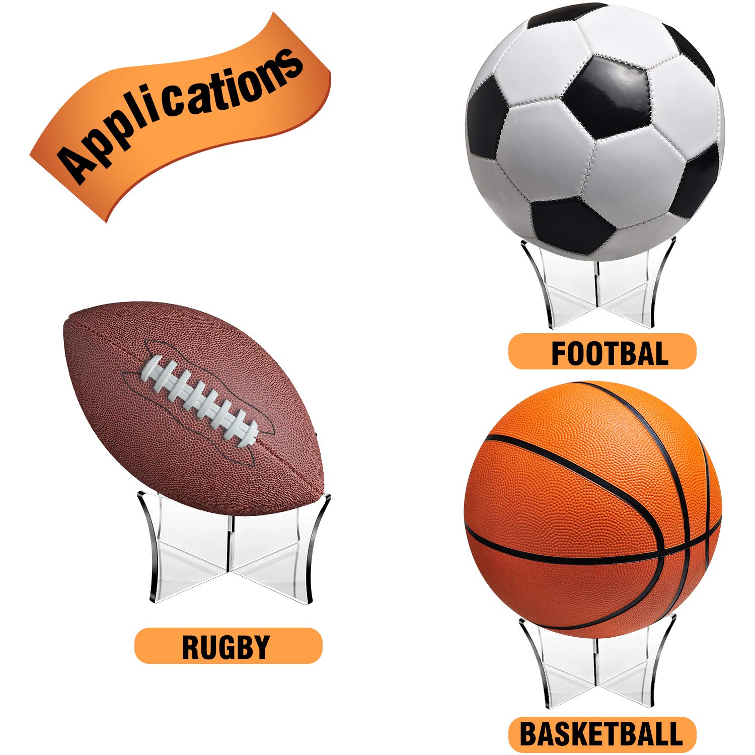 Blulu 3-Piece Acrylic Sports Ball Display Stand - Basketball, Football, Soccer, Volleyball & Bowling Ball Holder - Perfect for Trophy Cases, Store Displays & Home Decor