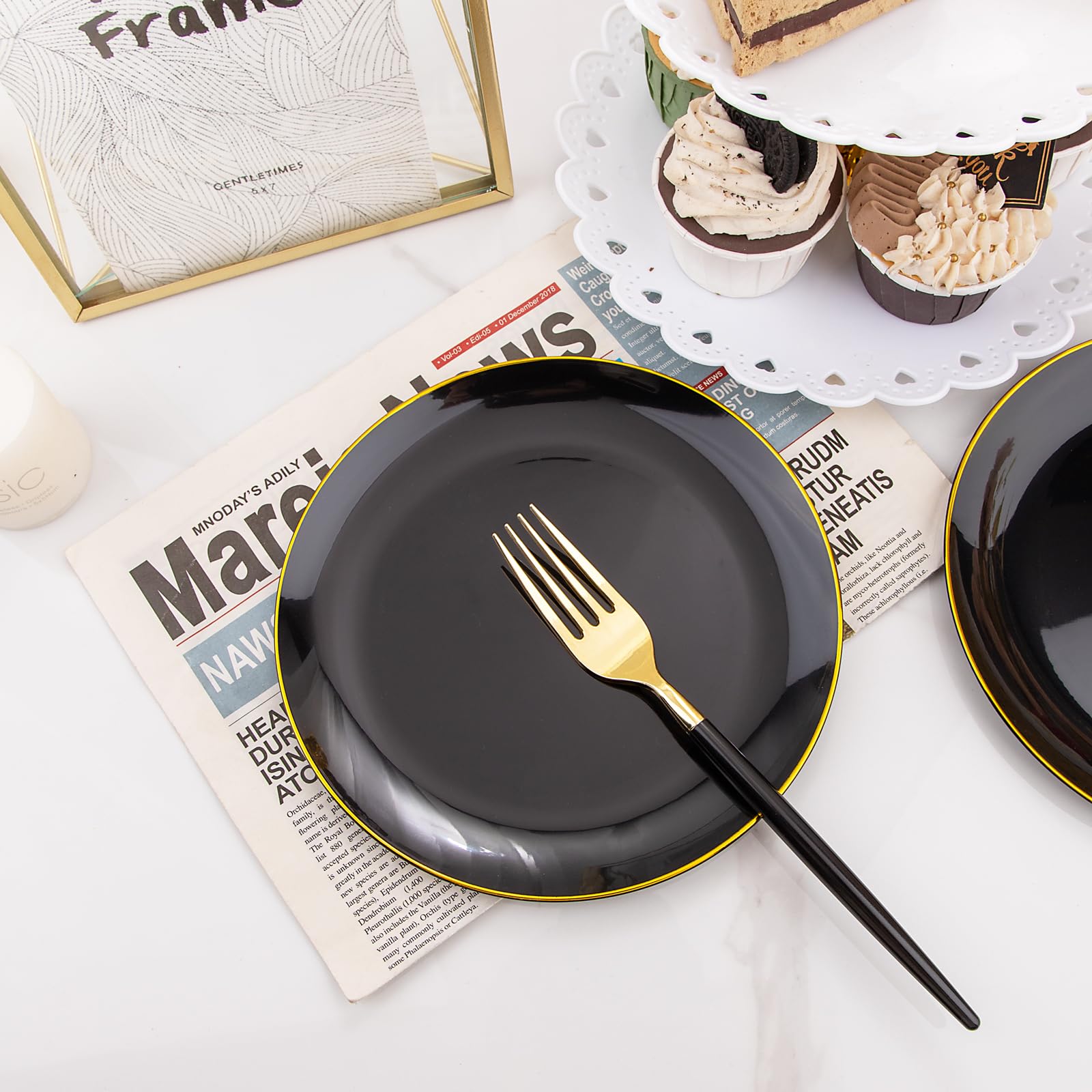 144-Piece Black and Gold Plastic Dessert Plate Set - 72 Elegant 7.5