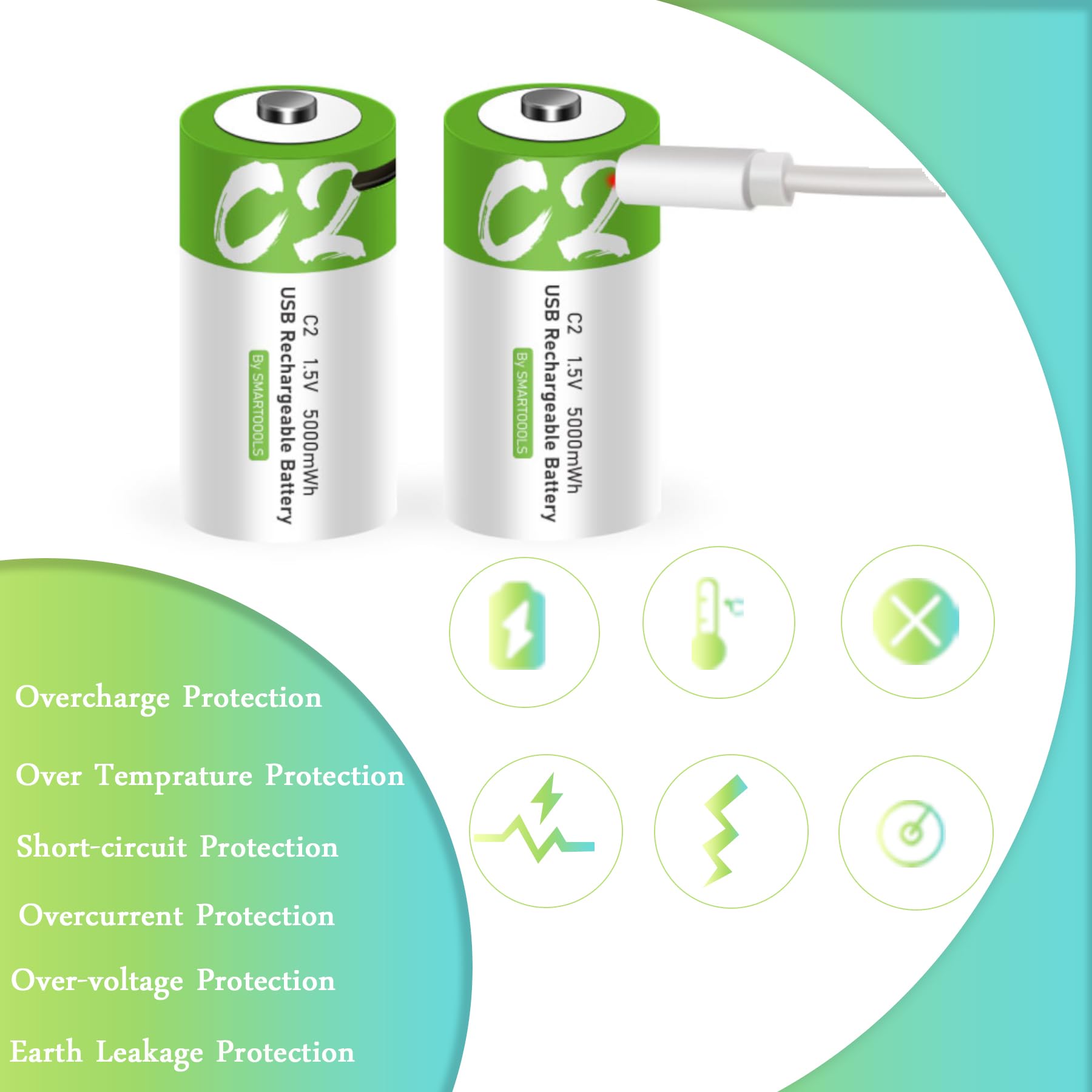 2 Pack Rechargeable C Batteries 5000mWh - 1.5V Lithium C Cell Batteries with USB Type C Charging Cable - Long Lasting Power for Flashlights, Toys, Radios & Emergency Kits