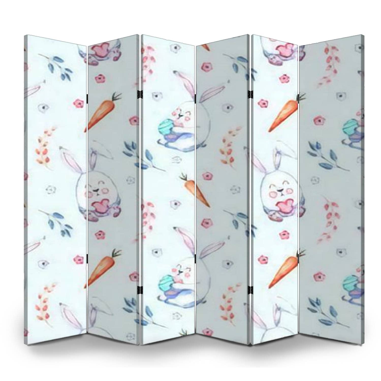 6 Panel Folding Privacy Screen - Seamless Watercolor Easter Bunnies with Carrots & Willow Twigs Canvas Room Divider | Perfect for Home Office, Bathroom & Nursery Decor | Portable Partition Wall for Workspace & Privacy