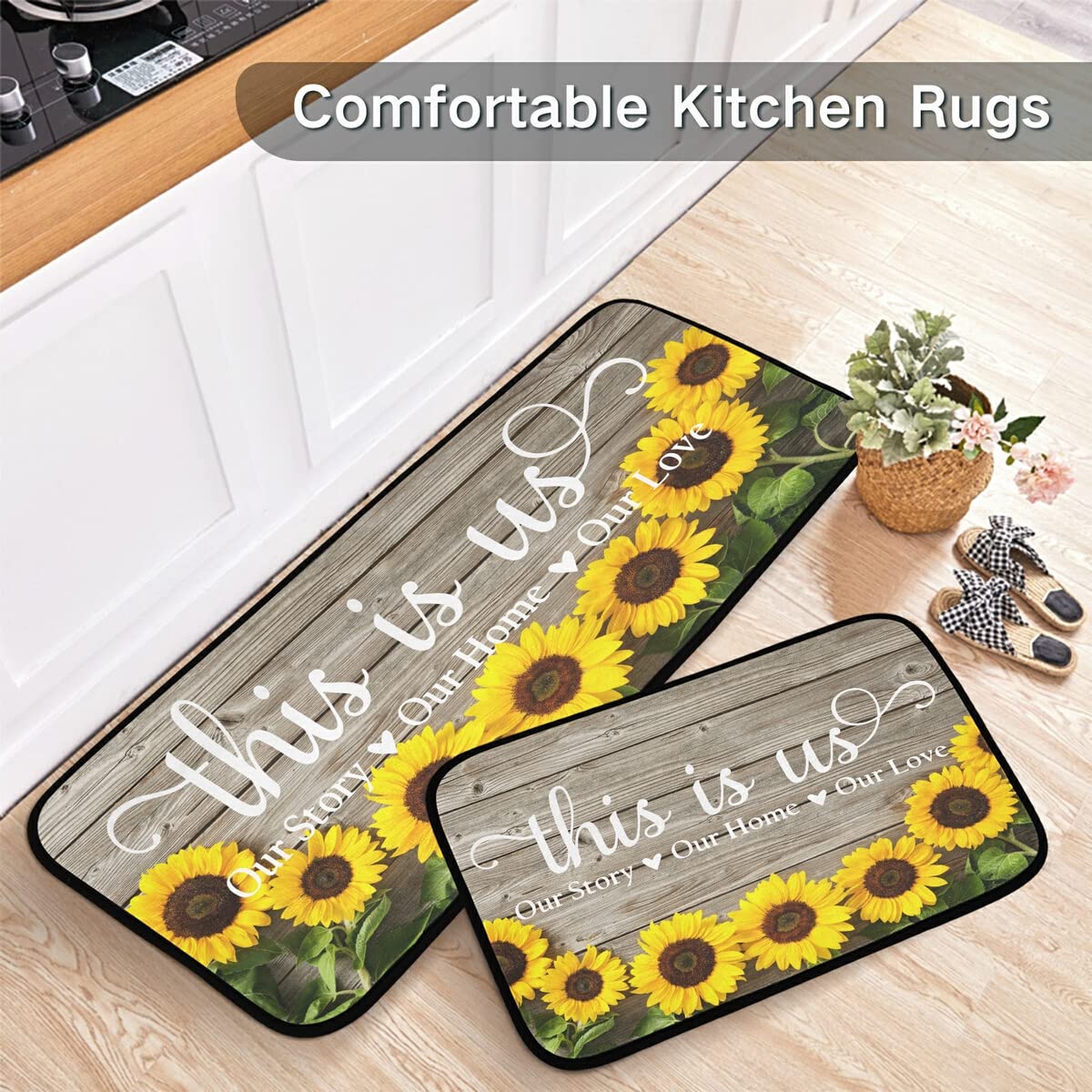 Sunflowers Non-Slip Washable Kitchen Rugs and Mats Set of 2 - Decorative Runner for Home, Kitchen, Laundry, and Bathroom Floors