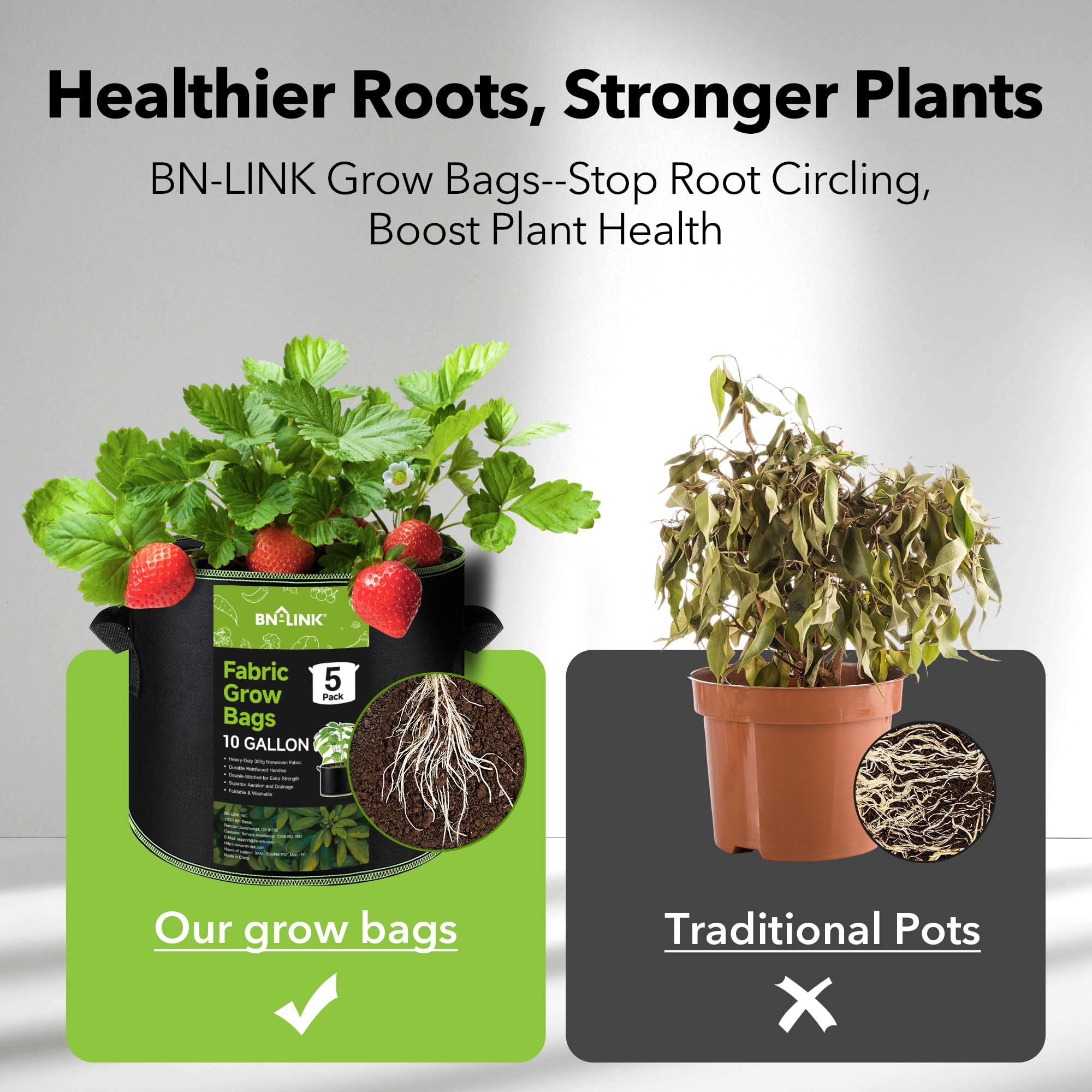 BN-LINK 5-Pack 10 Gallon Heavy Duty Aeration Fabric Grow Bags with Handles - Thickened Nonwoven Plant Pots for Vegetables, Flowers, Fruits - Ideal for Indoor/Outdoor Gardening, Raised Beds & Container Planting