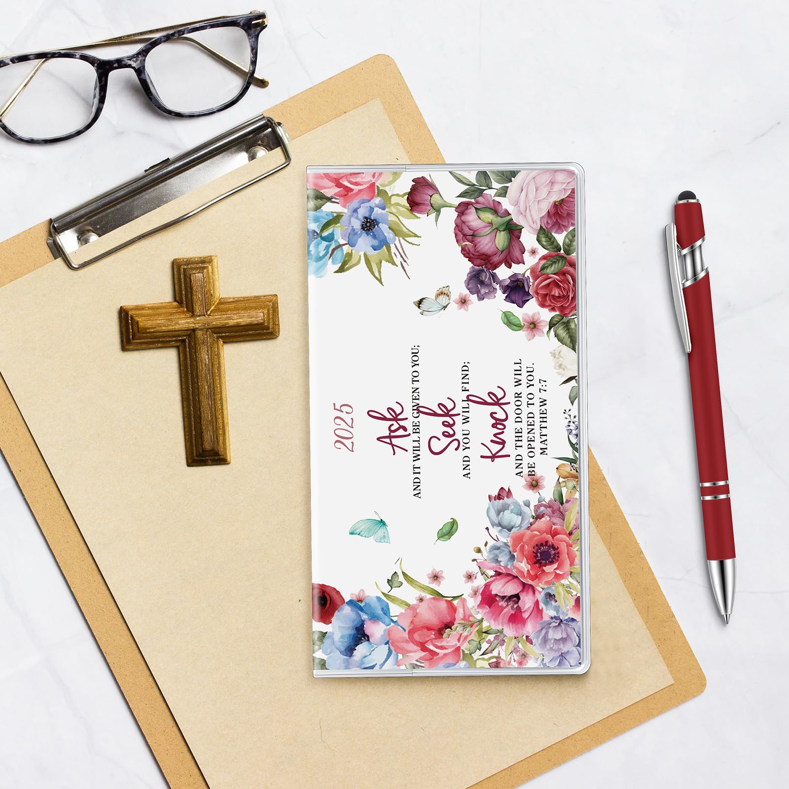 Gueevin 2025 Small Pocket Planner - Weekly & Monthly Organizer with Pen, Compact Purse Calendar for Women, Perfect Christmas & New Year Gift (Wine Red, Bible Size) - Ideal for Daily Scheduling, Journaling, Bible Study & Gift Giving
