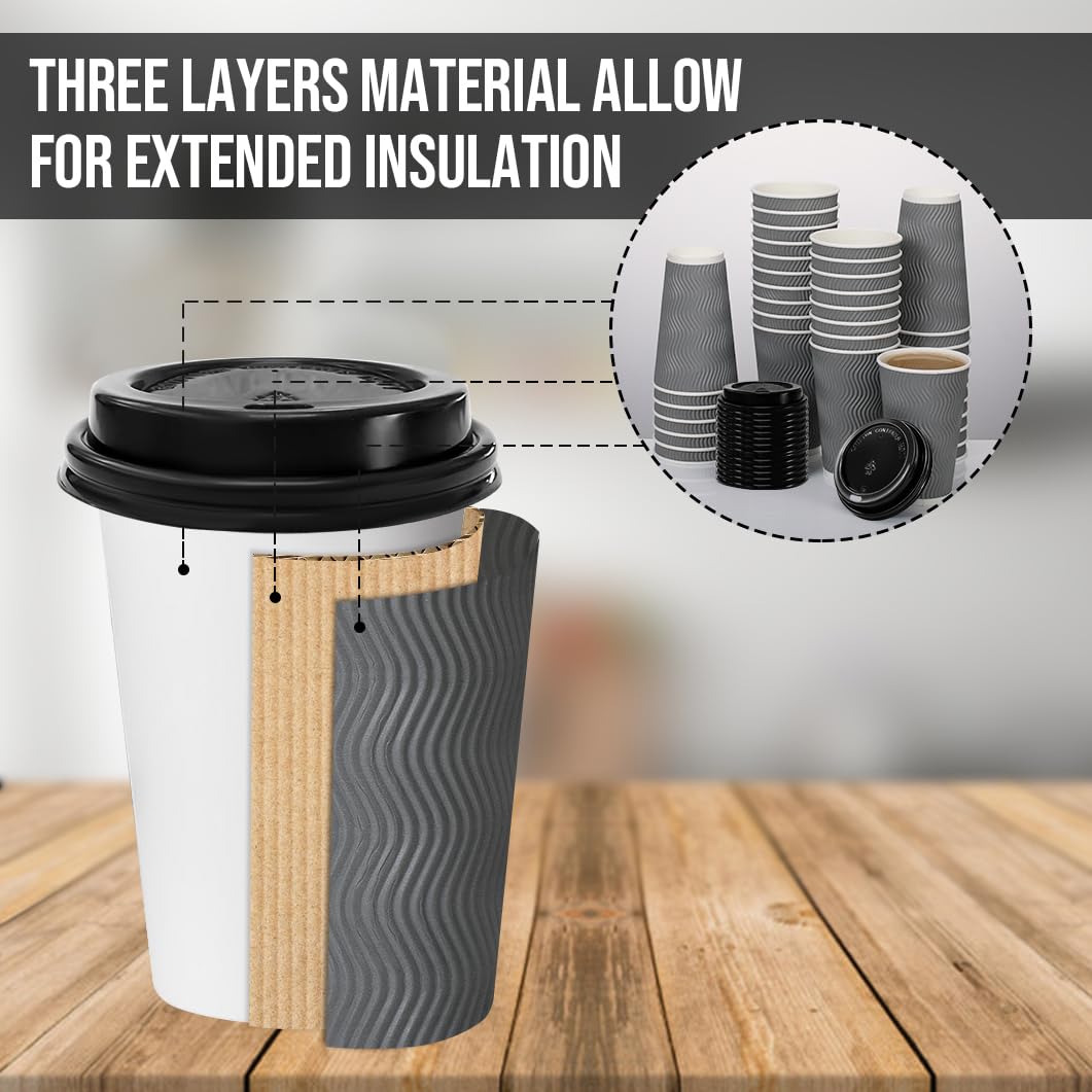 16oz Insulated Paper Coffee Cups with Lids - 100 Pack Disposable Ripple Design Cups for Hot & Cold Beverages - Perfect for Coffee, Tea, Juice, Water - Ideal for Offices, Cafes, Parties & Home Use (Gray)