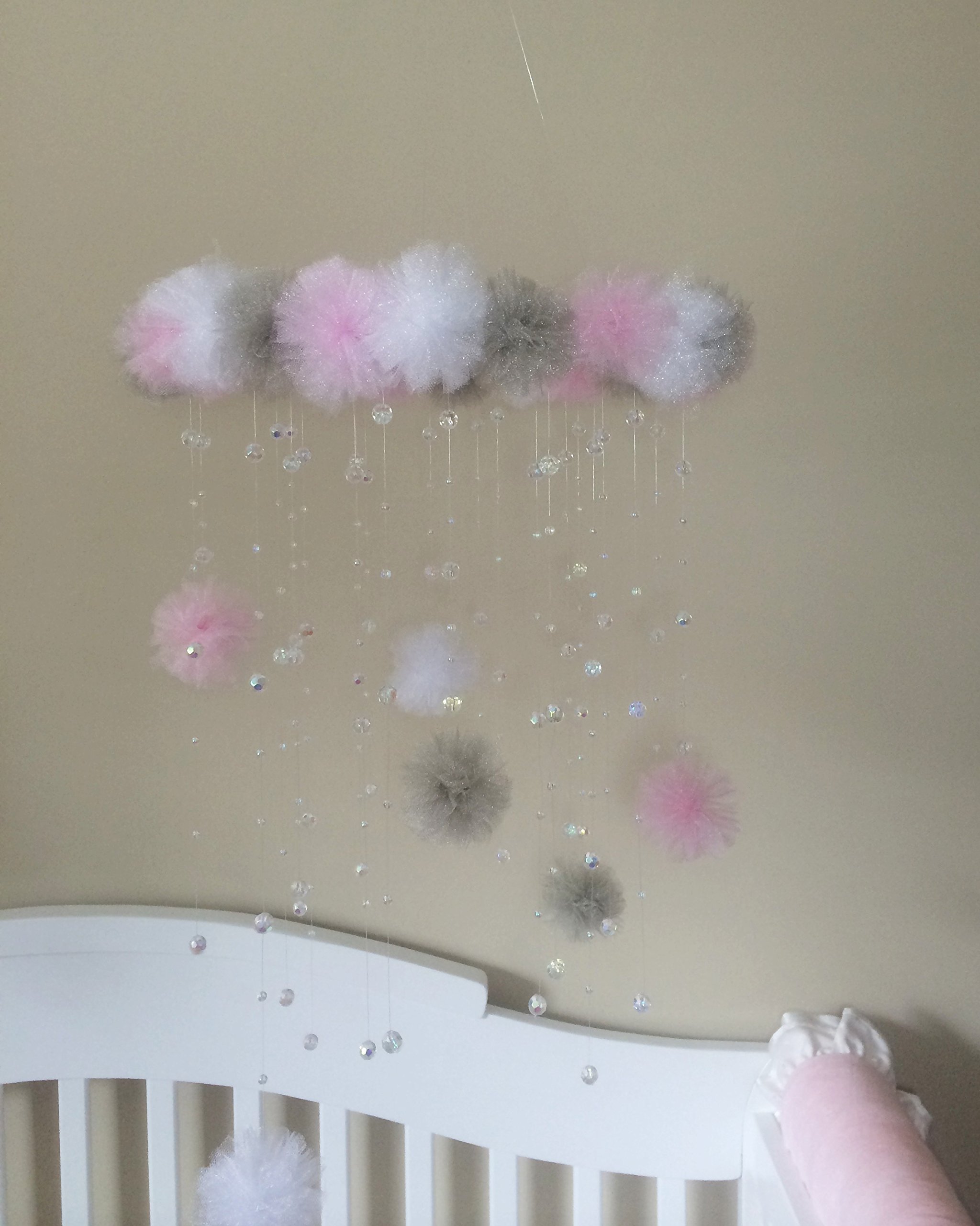Pink and Grey Pom Pom Crystal Baby Mobile - Handmade Nursery Decor for Newborns & Infants - Perfect for Cribs, Playrooms & Baby Showers