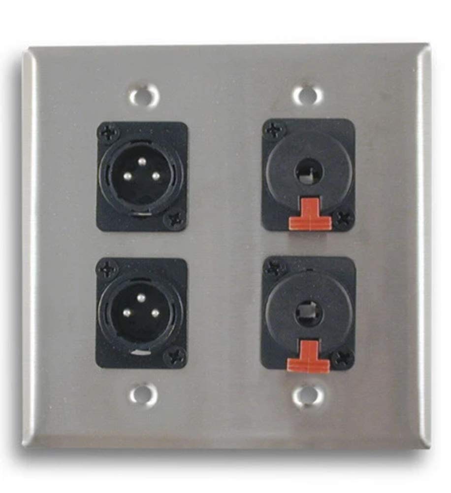 Dual Gang Stainless Steel Wall Plate - 2 XLR Male & 2 TRS Female Connectors for Professional Audio Studio & Home Theater Installations