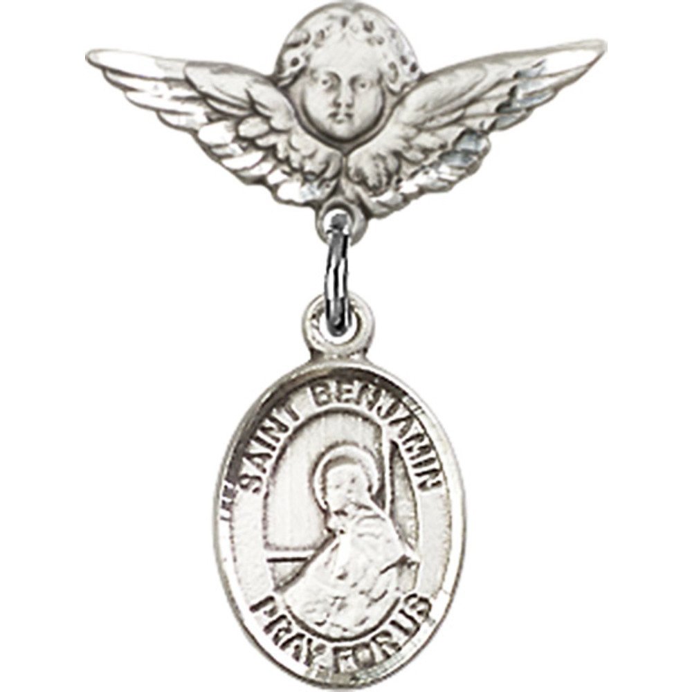 St. Benjamin Sterling Silver Baby Badge with Angel Wing Charm - 7/8 X 3/4 Inch Religious Pin for Christening, Baptism & Newborn Gifts