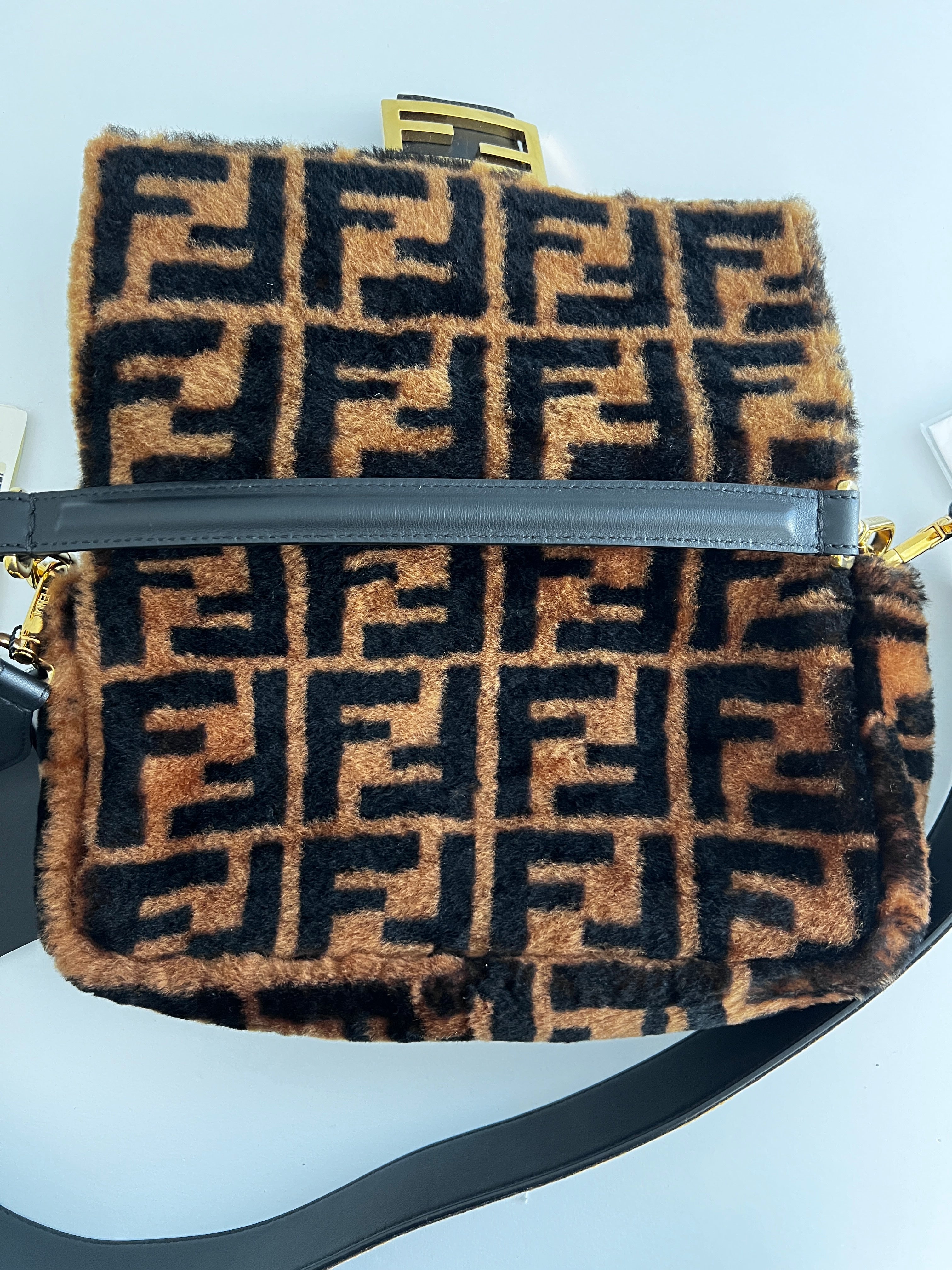 Fendi FF Shearling Baguette Bag with FF Velvet Strap - Luxury Crossbody Purse for Women, Perfect for Parties, Dates & Everyday Use