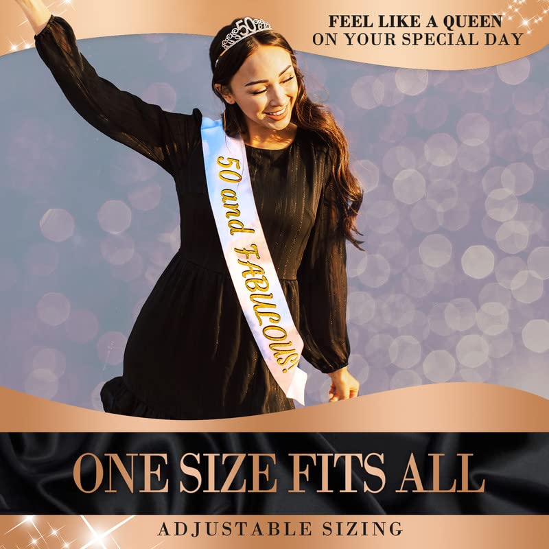 50th Birthday Sash and Crown Set - Gold '50 & Fabulous' Birthday Decorations for Women - Elegant 50th Birthday Party Supplies - Perfect for Milestone Celebrations, Bachelorette Parties & Photo Props