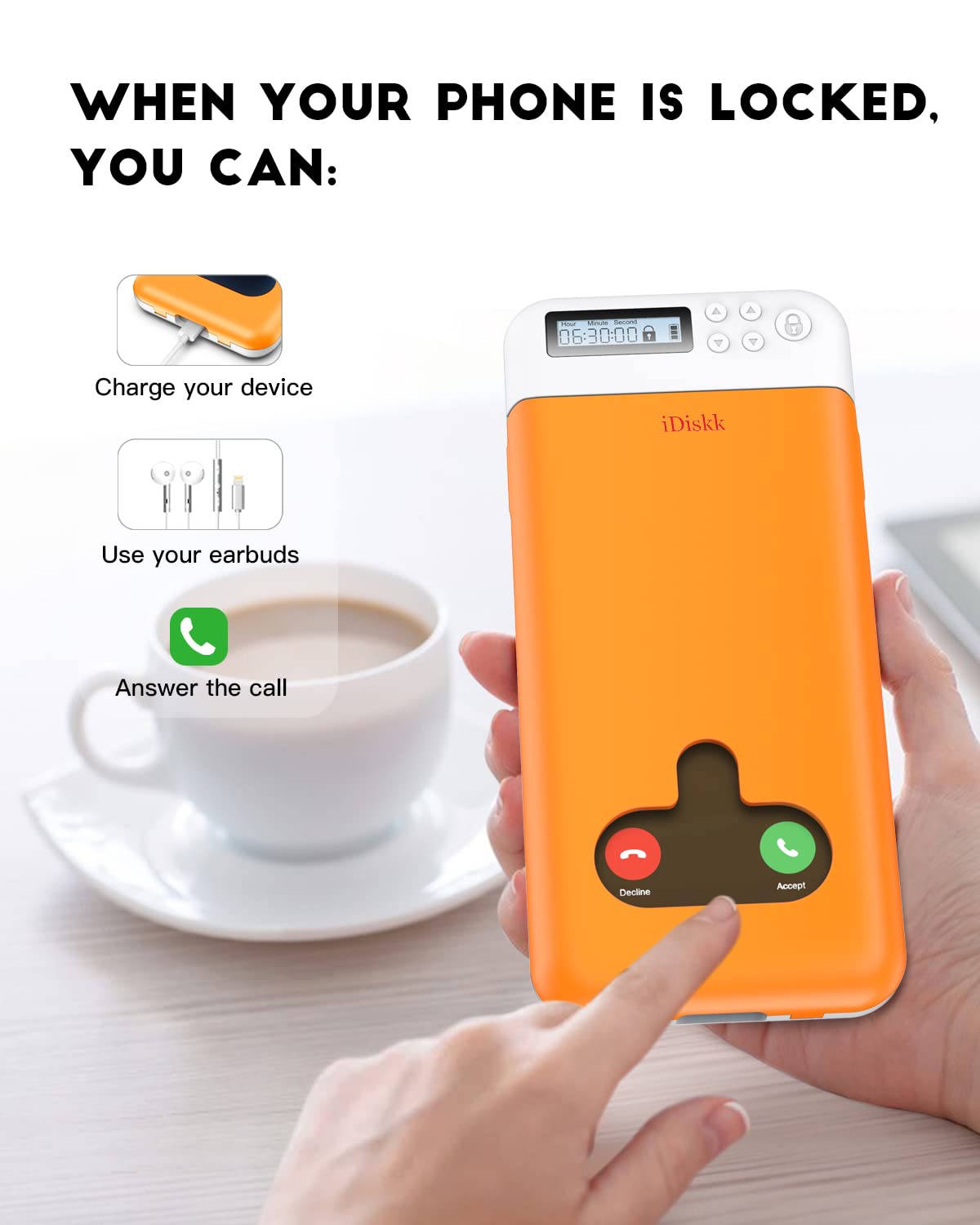 Timer Lock Box for iPhone & Android Phones - Secure Cell Phone Storage for Kids, Students & Parents | Focus Booster with Timer | Compatible with iPhone 14/13/12/11/X/8 & Samsung/Google | Includes Battery (Orange) - Perfect for Study Time, Work Focus & Digital Detox