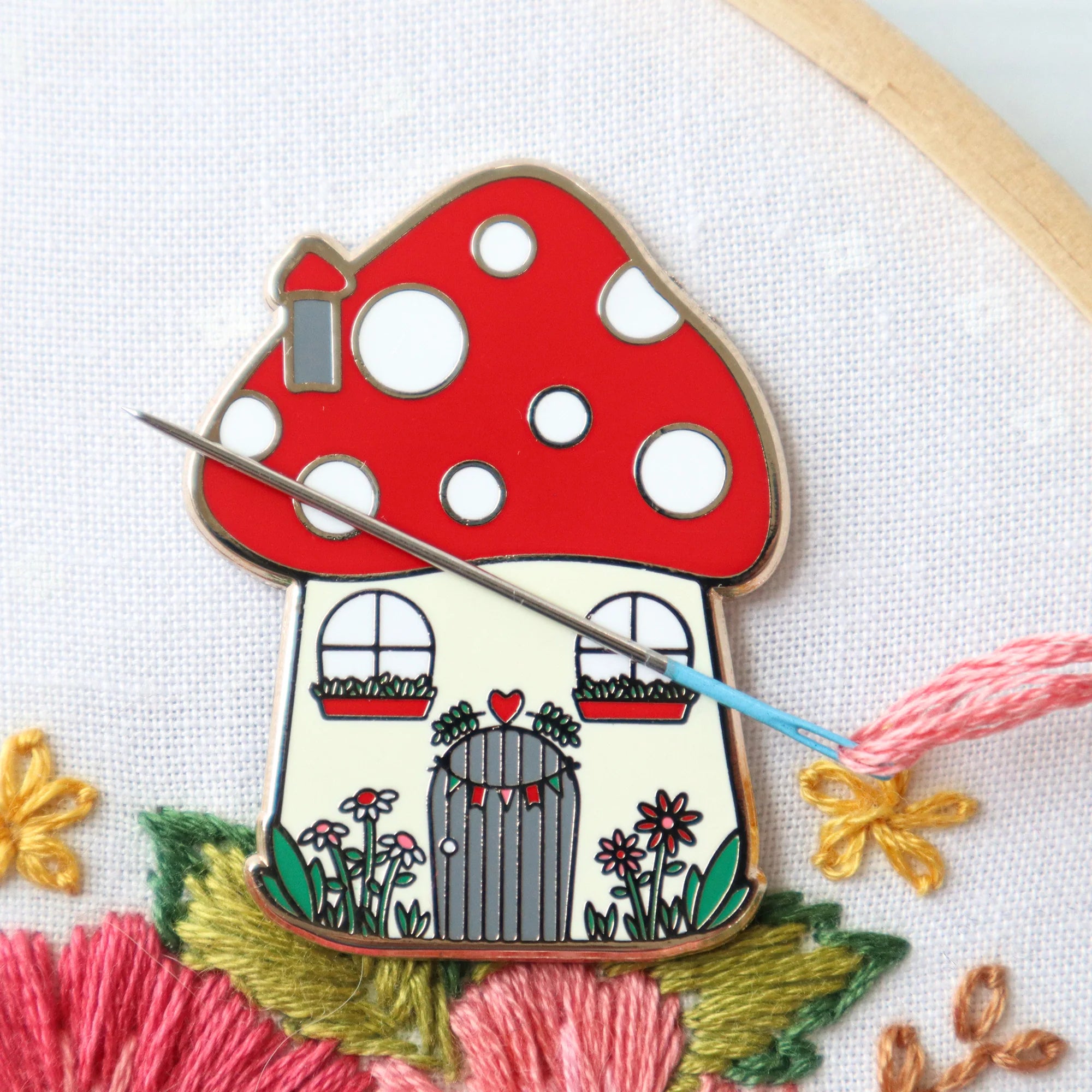 Woodland Mushroom House Needle Minder - Magnetic Pin Cushion for Sewing, Quilting & Embroidery - Perfect for Crafters & DIY Enthusiasts